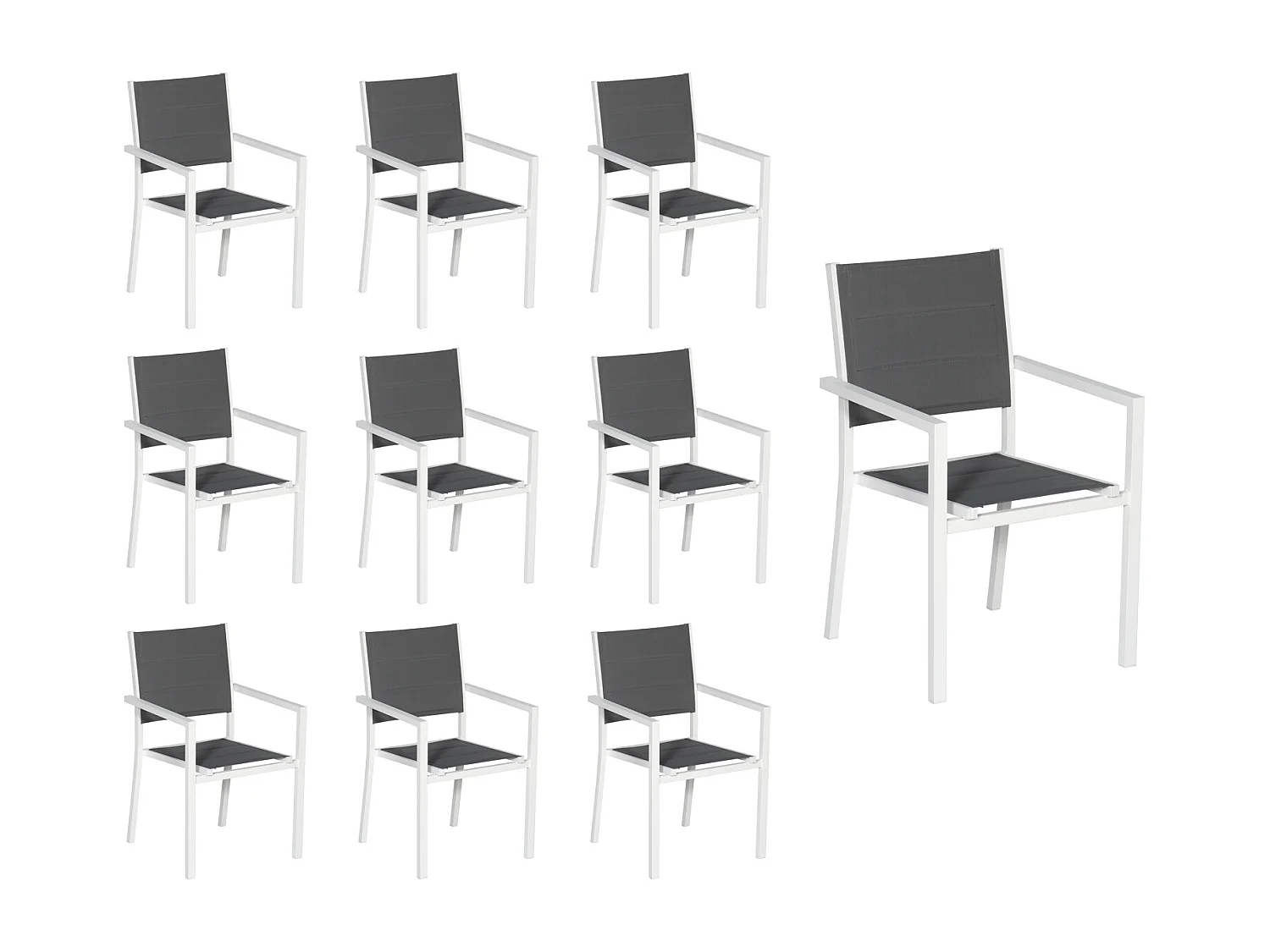 Lot de 10 chaises rembourrées en aluminium blanc - textilène gris