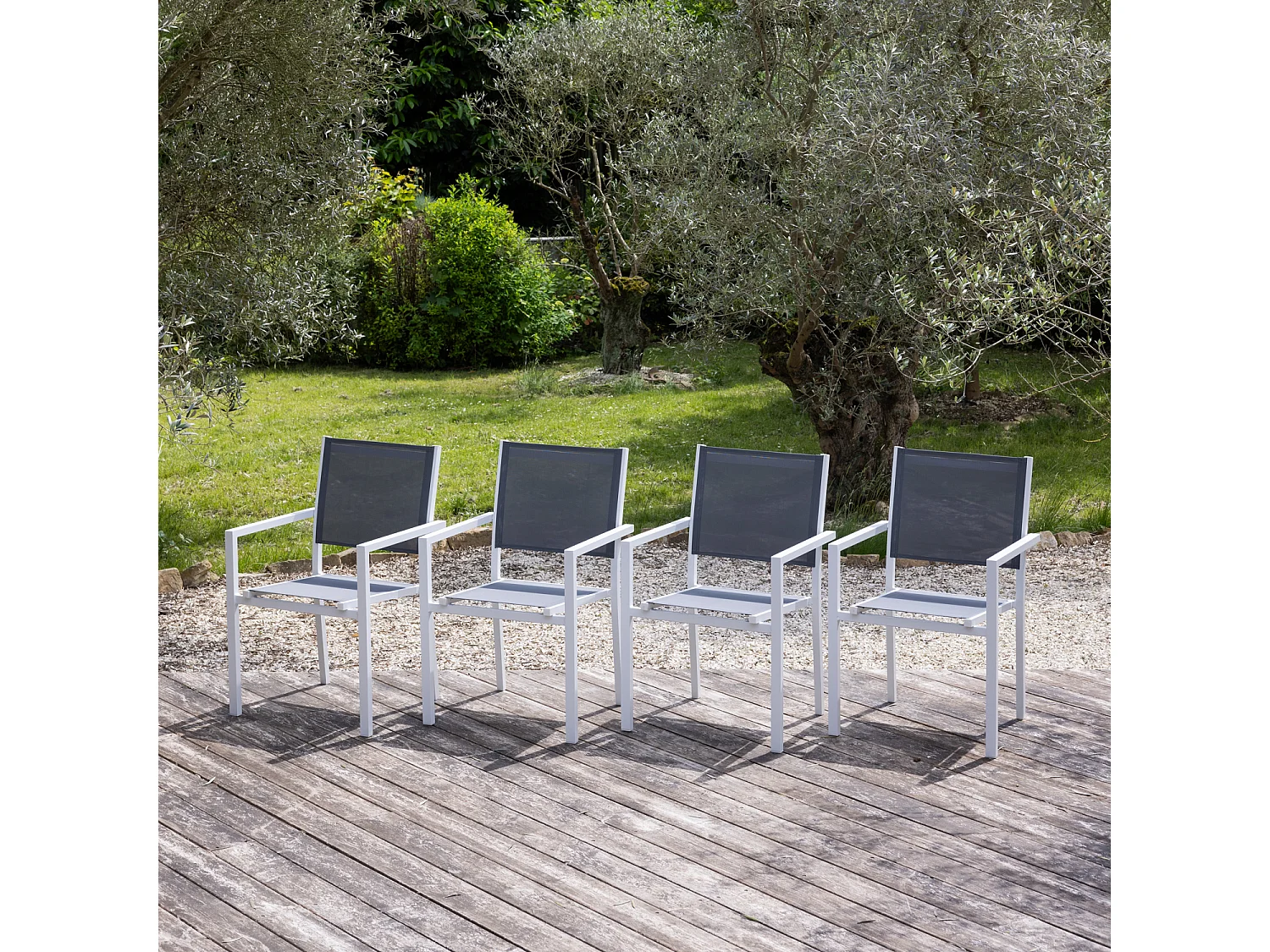 Set van 4 witte aluminium stoelen - grijs textilene