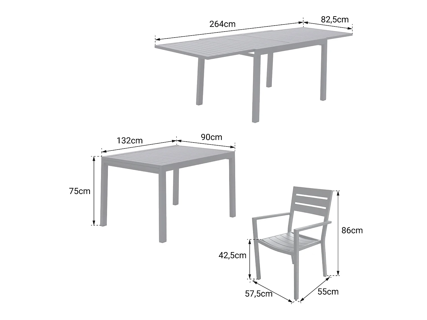 Salon de jardin VENEZIA extensible 132/264 en aluminium anthracite - 10 places
