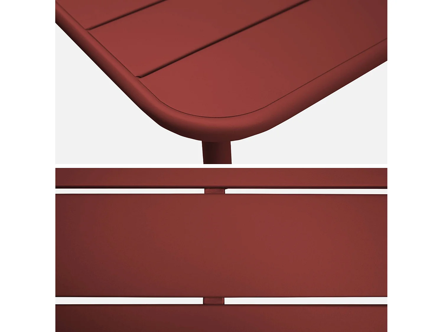 Table de jardin métal + 4 assises terre de sienne en acier. Amelia. 120 x 70 x 72.5 cm