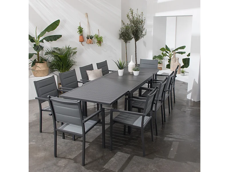 Salon de jardin VENEZIA extensible en textilène gris 10 places - aluminium anthracite