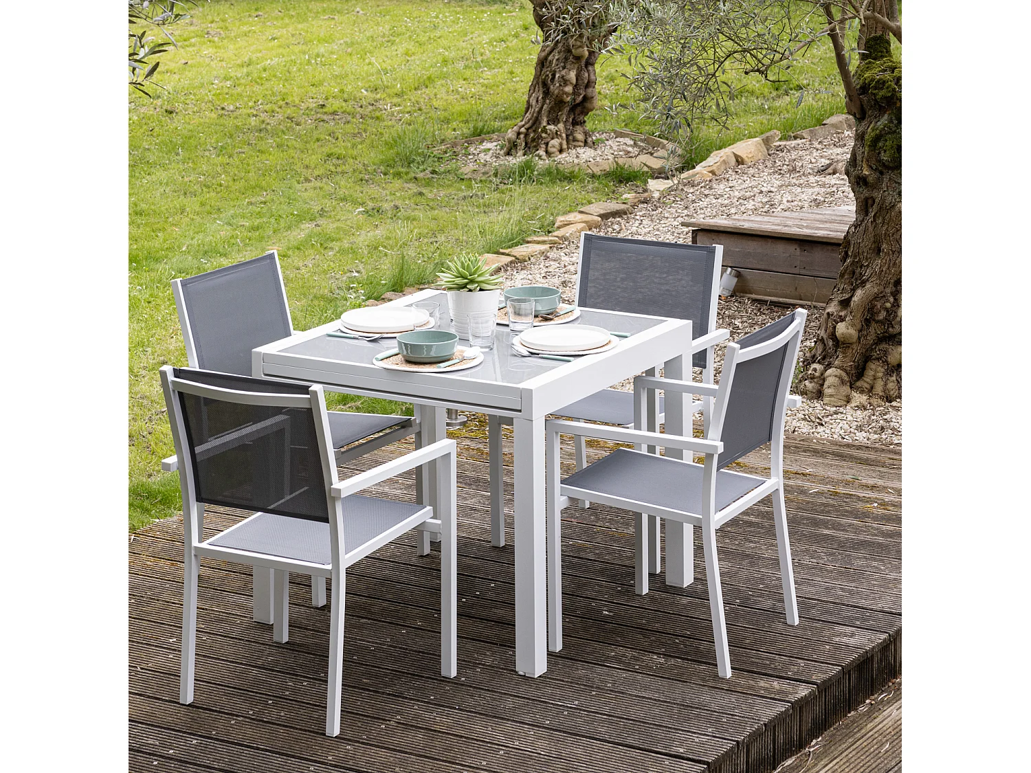 LAMPEDUSA grijs textilene verlengbare tuinset 8 zitplaatsen - wit aluminium