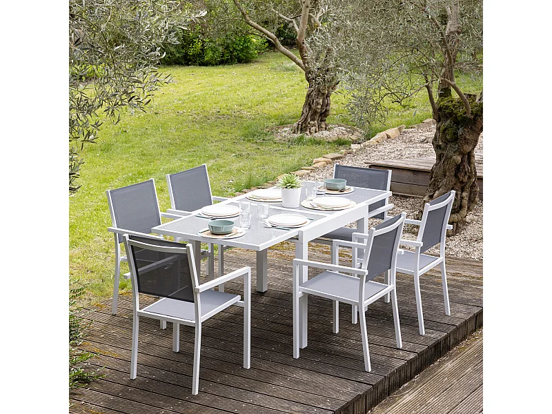 LAMPEDUSA grijs textilene verlengbare tuinset 8 zitplaatsen - wit aluminium