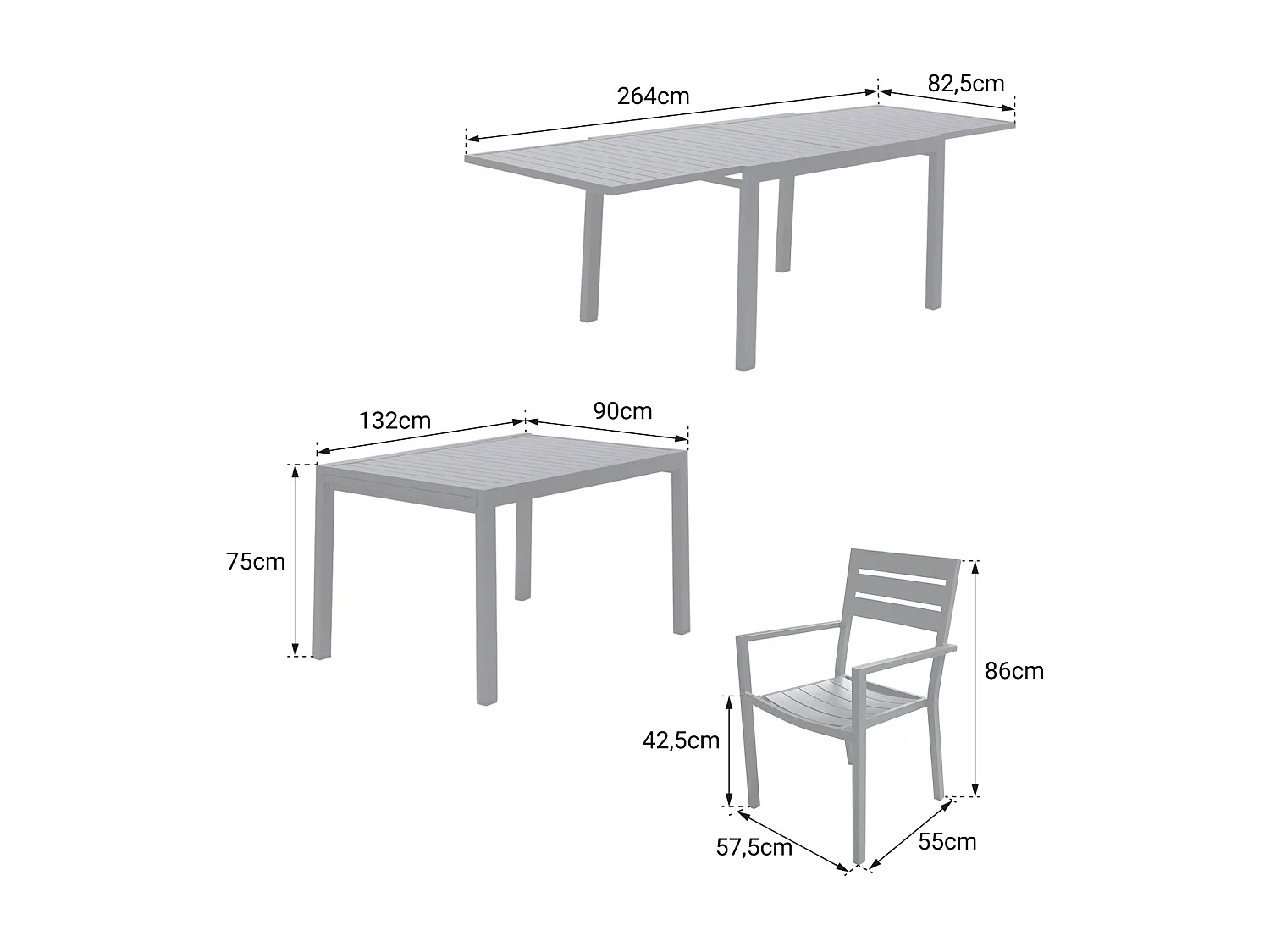 Tuinmeubelset VENEZIA uitschuifbaar 132/264 in wit aluminium - 10 zitplaatsen