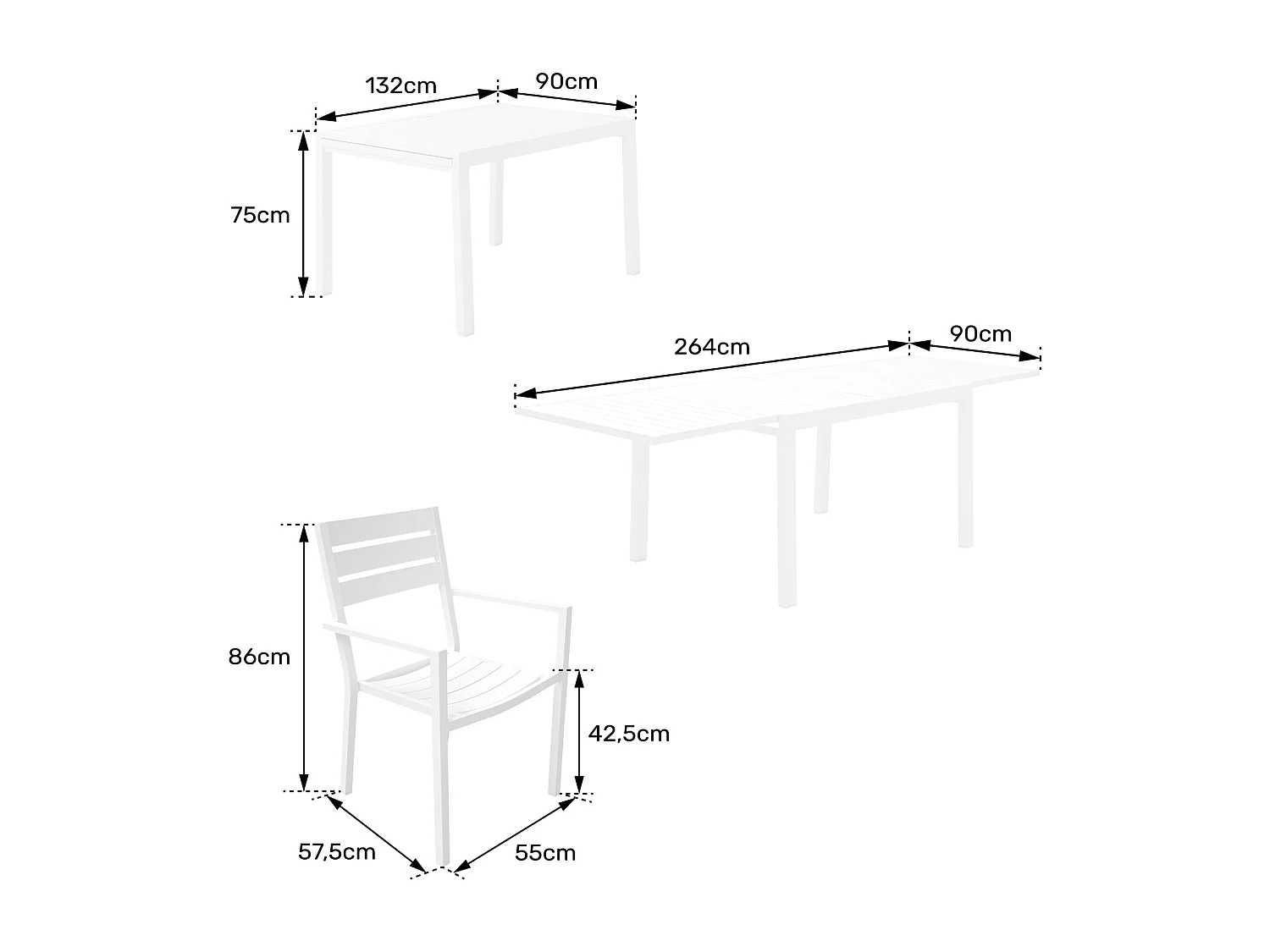 Salon de jardin VENEZIA extensible 132/264 en aluminium blanc - 10 places