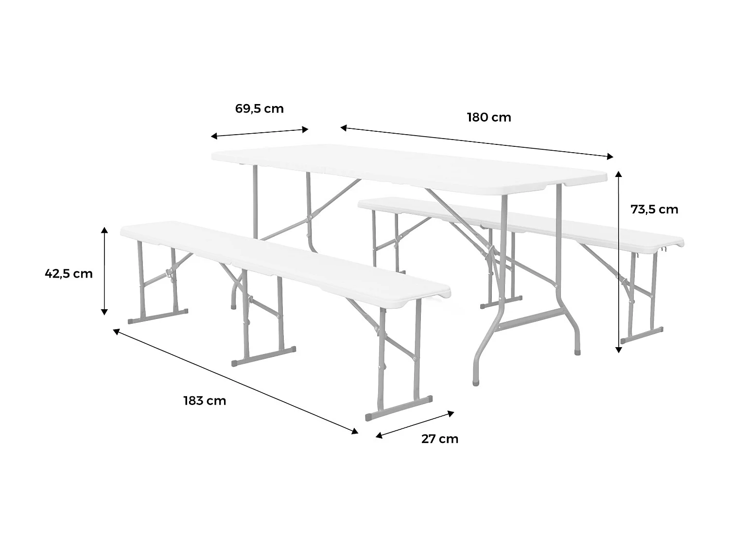Lot de 2 tables de réception pliantes acier 2 bancs Fiesta 180cm blanc