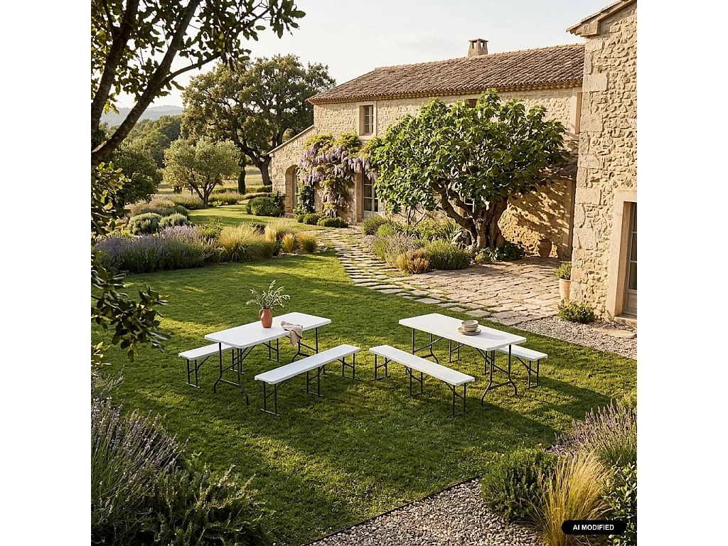 Set di 2 tavoli da ricevimento pieghevoli in acciaio, 2 panche Bianco - 180x69.5x73.5 cm