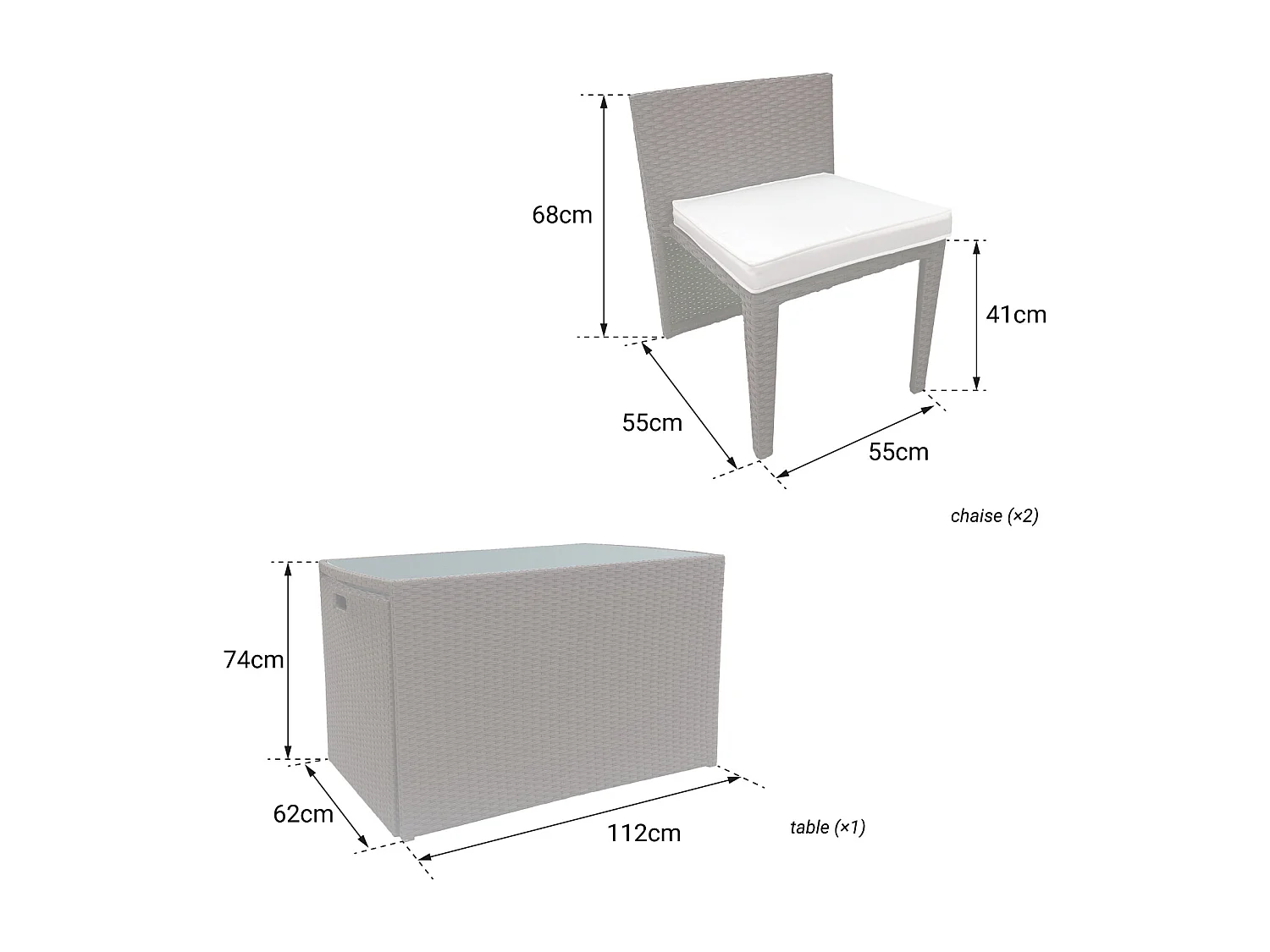 Salon de jardin encastrable SANTORIN en résine tressée grise 2 places - coussins gris