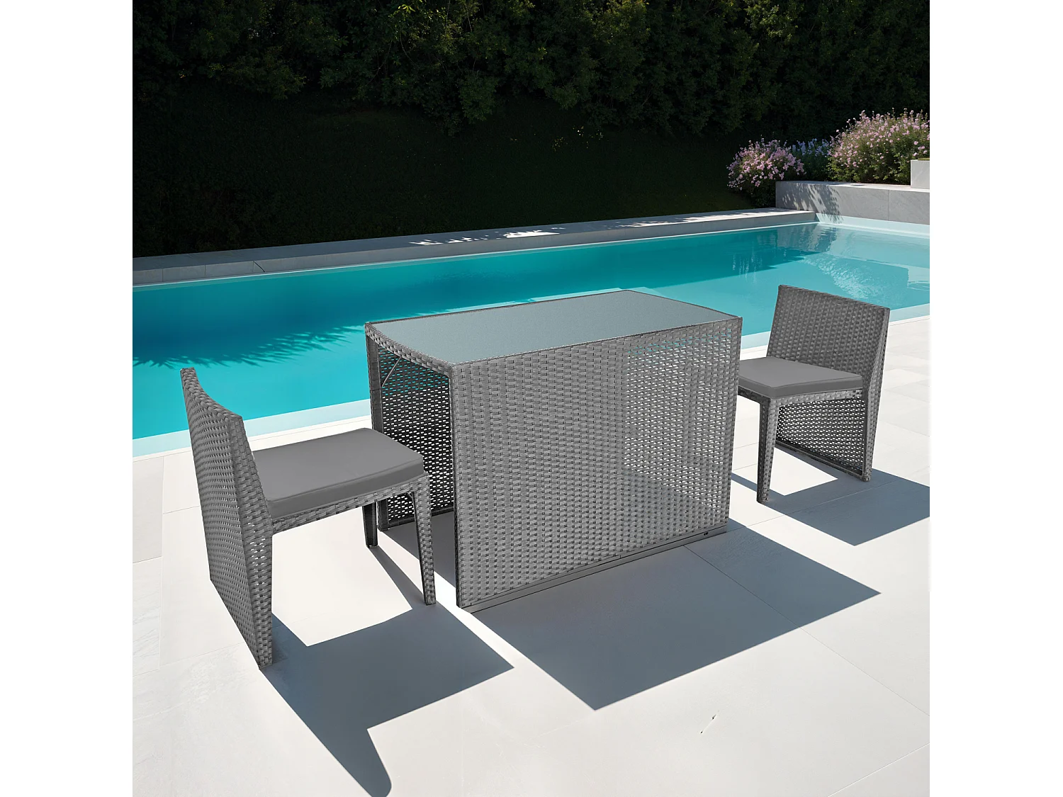 Salon de jardin encastrable SANTORIN en résine tressée grise 2 places - coussins gris