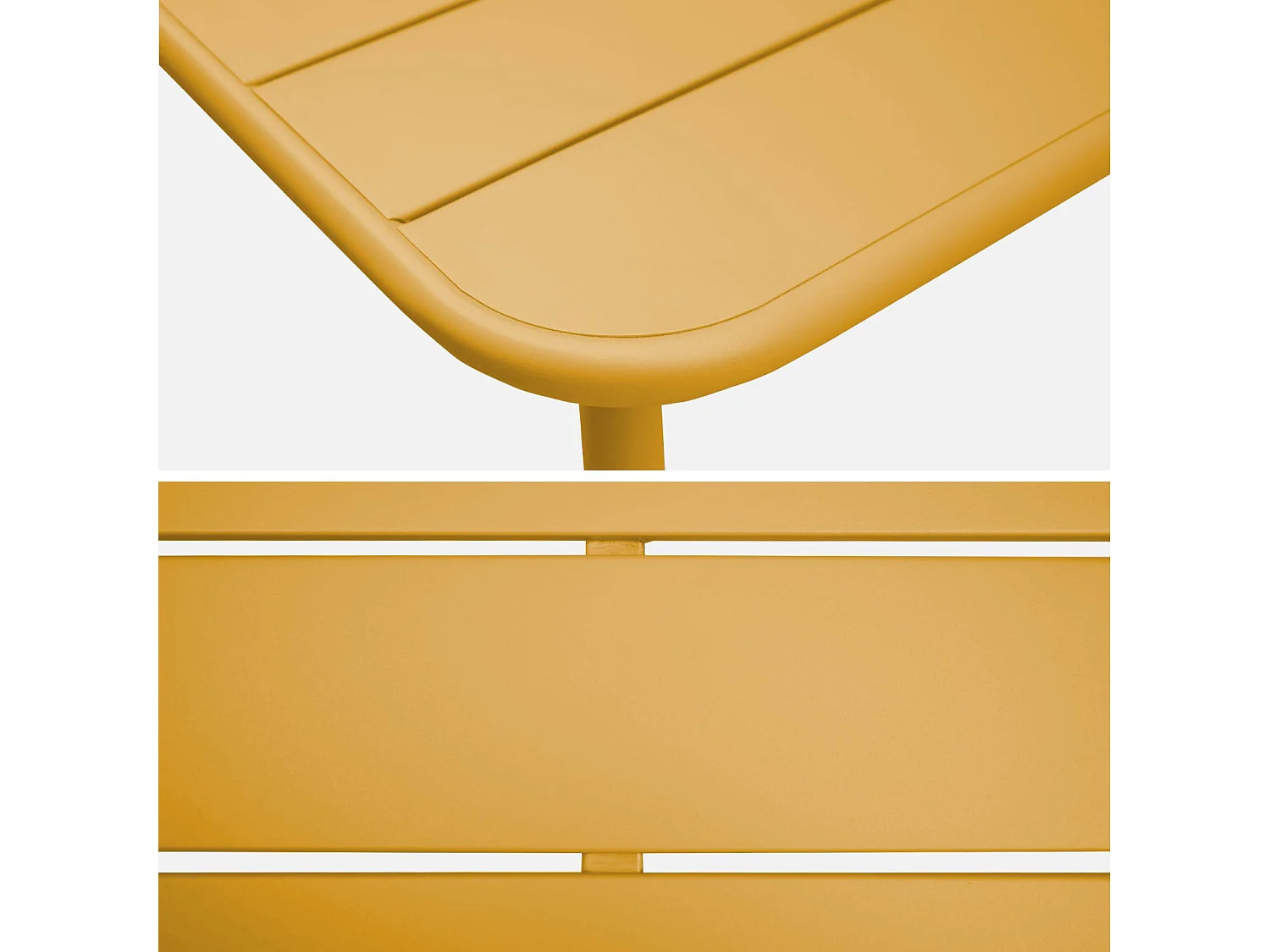 Table de jardin métal + 4 assises ocre en acier. Amelia. 120 x 70 x 72.5 cm
