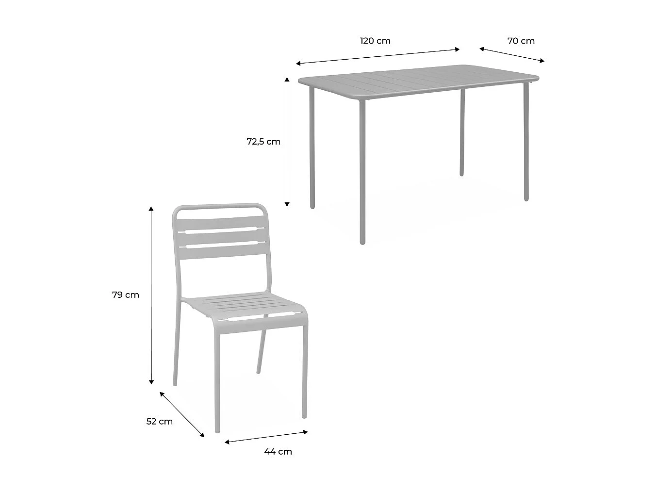 Table de jardin métal + 4 assises ocre en acier. Amelia. 120 x 70 x 72.5 cm