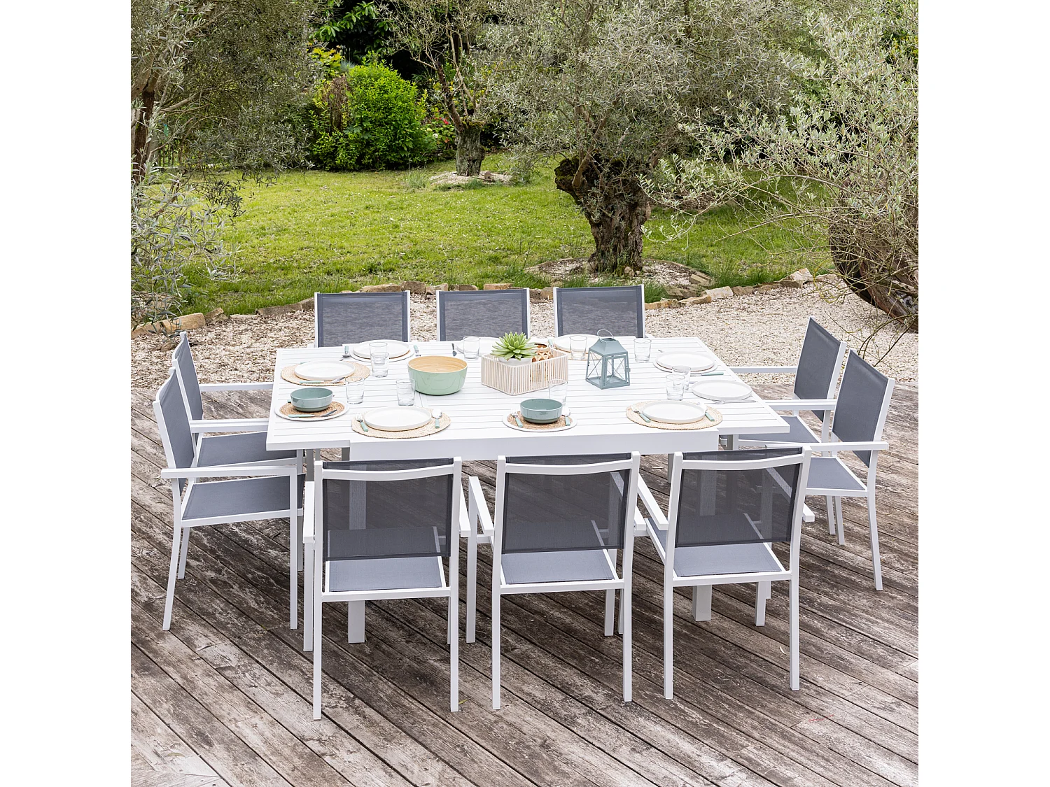 Salon de jardin extensible 10 places de 140/200cm en textilène gris - aluminium blanc VENEZIA