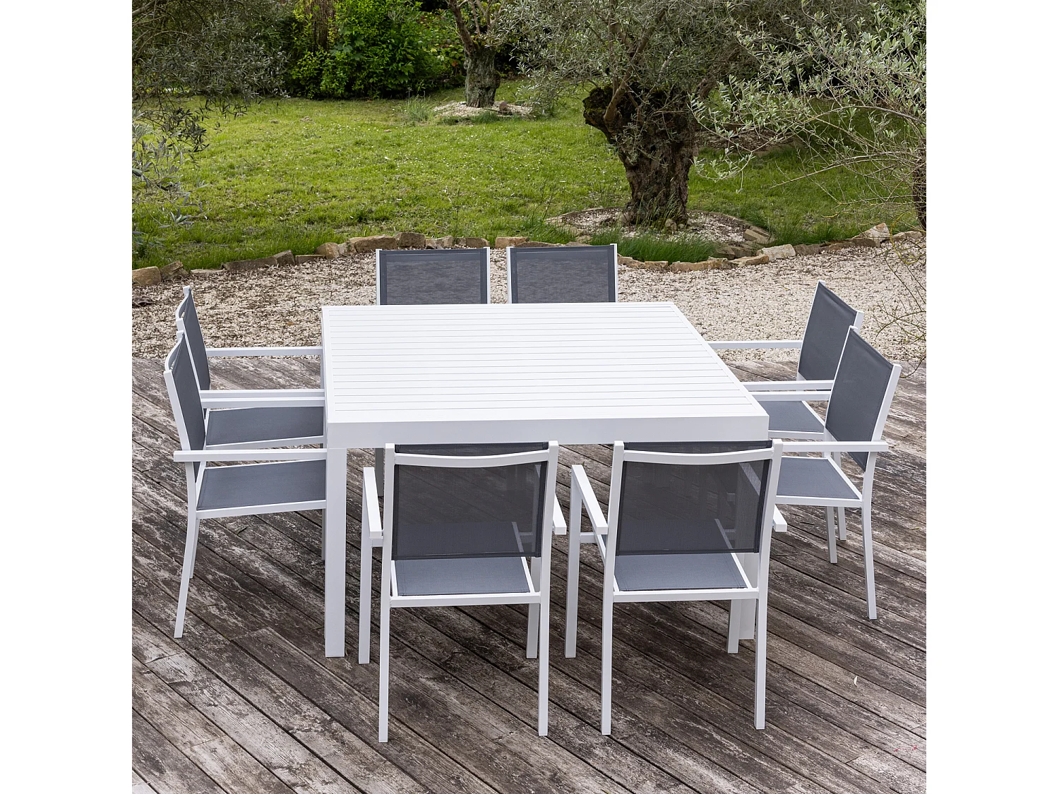 Salon de jardin extensible 10 places de 140/200cm en textilène gris - aluminium blanc VENEZIA
