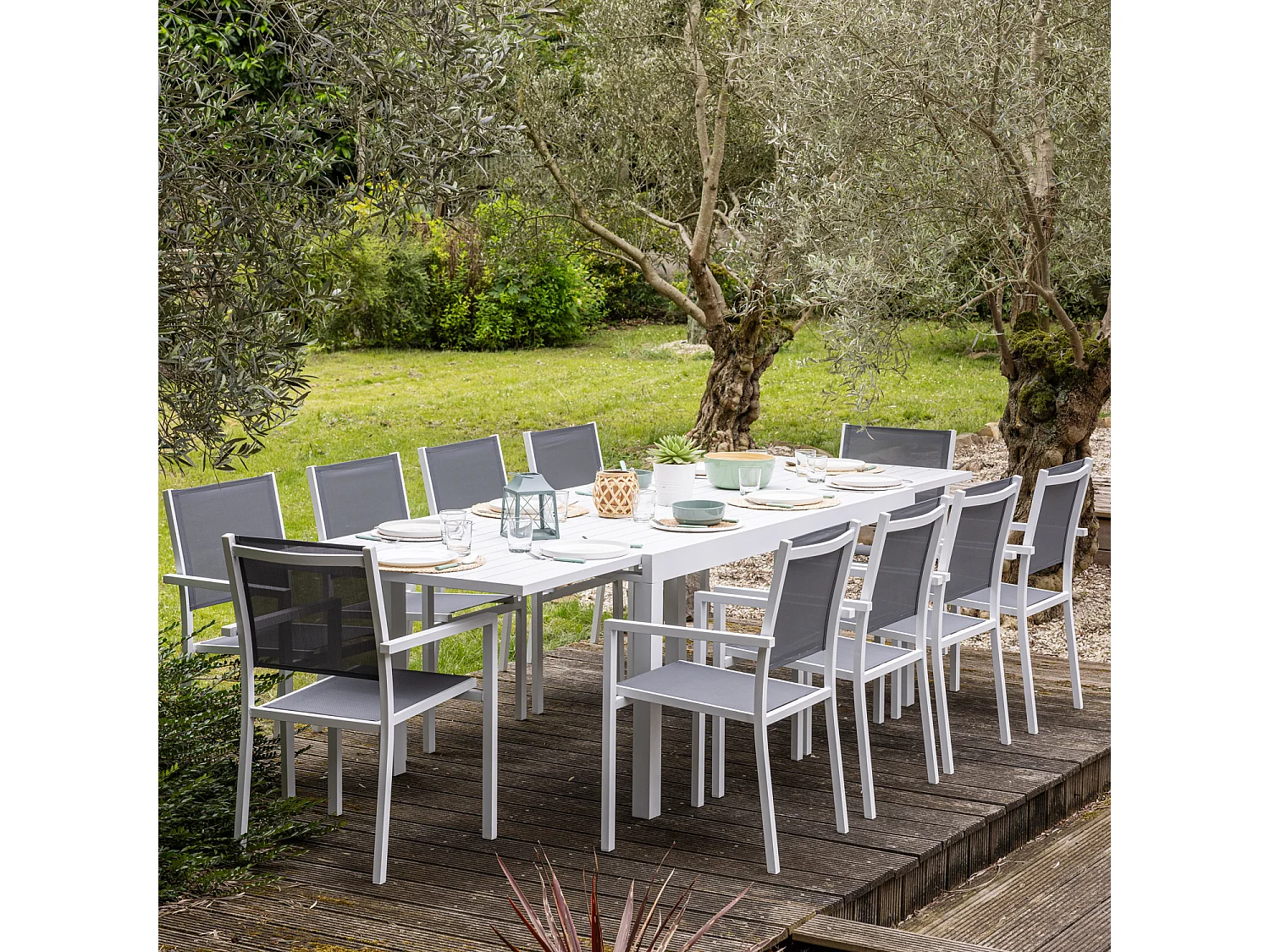 VENEZIA grijs textilene uittrekbare tuinset 180/300 - wit aluminium