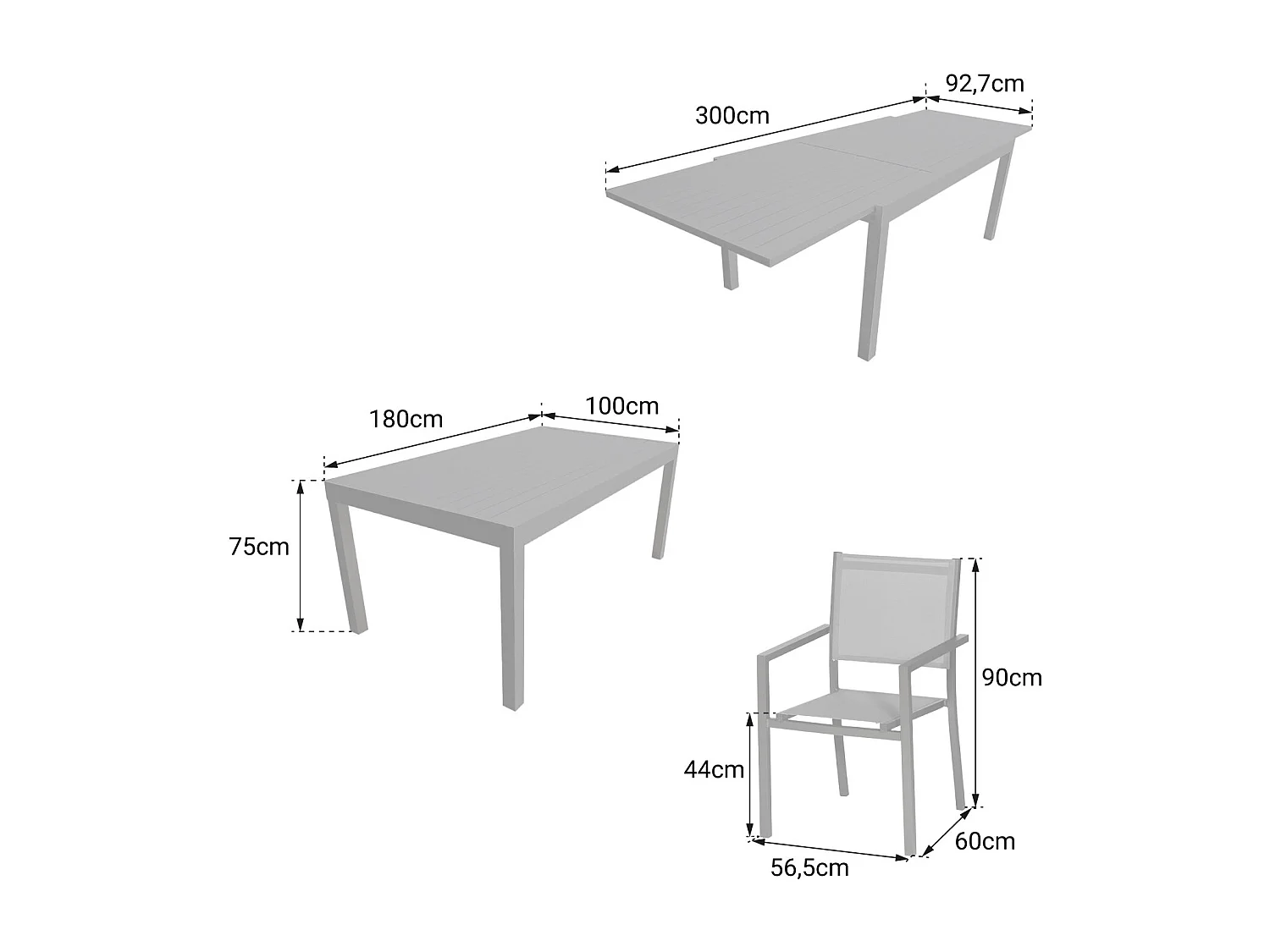 VENEZIA grijs textilene uittrekbare tuinset 180/300 - wit aluminium