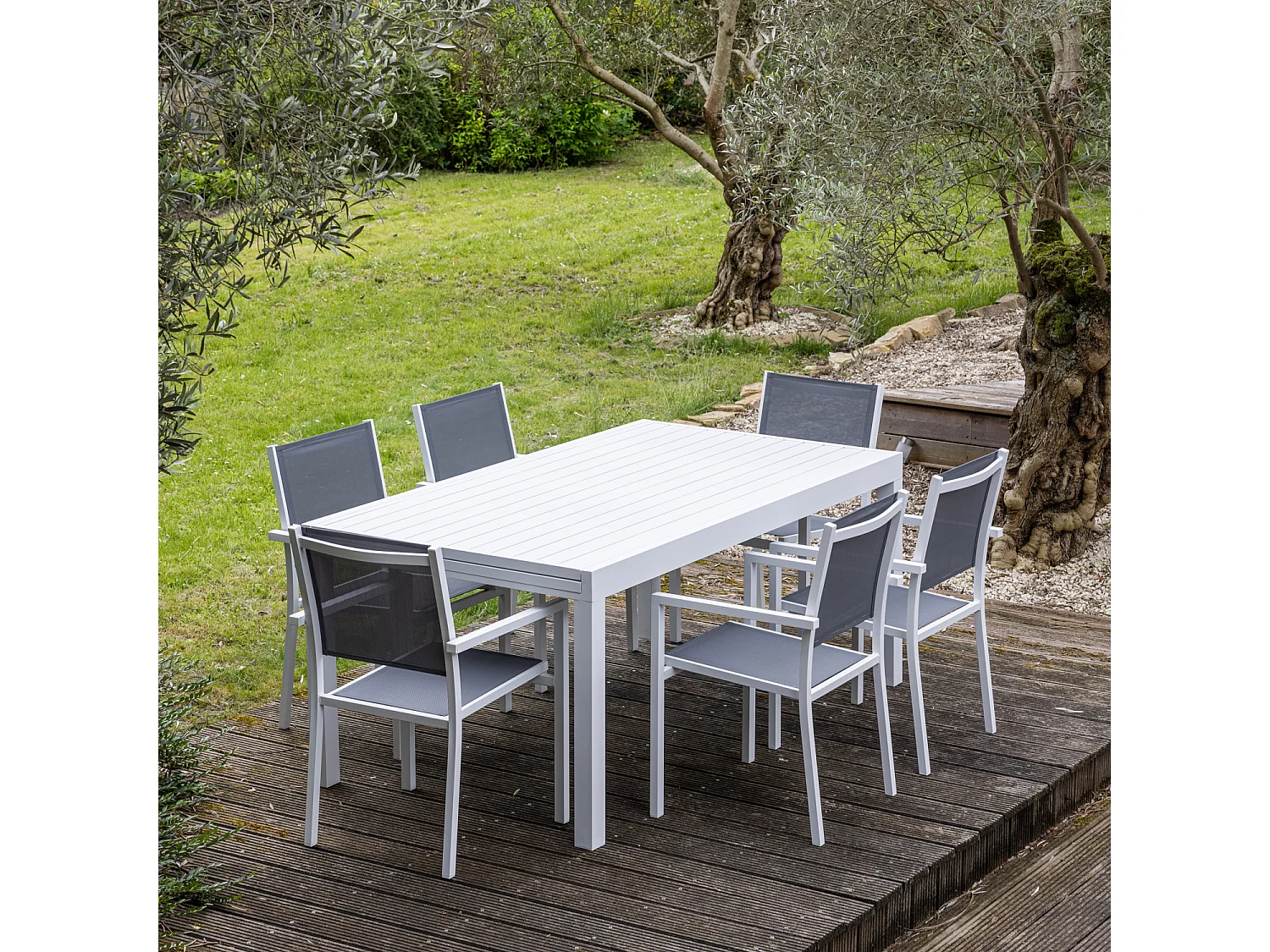 VENEZIA grijs textilene uittrekbare tuinset 180/300 - wit aluminium