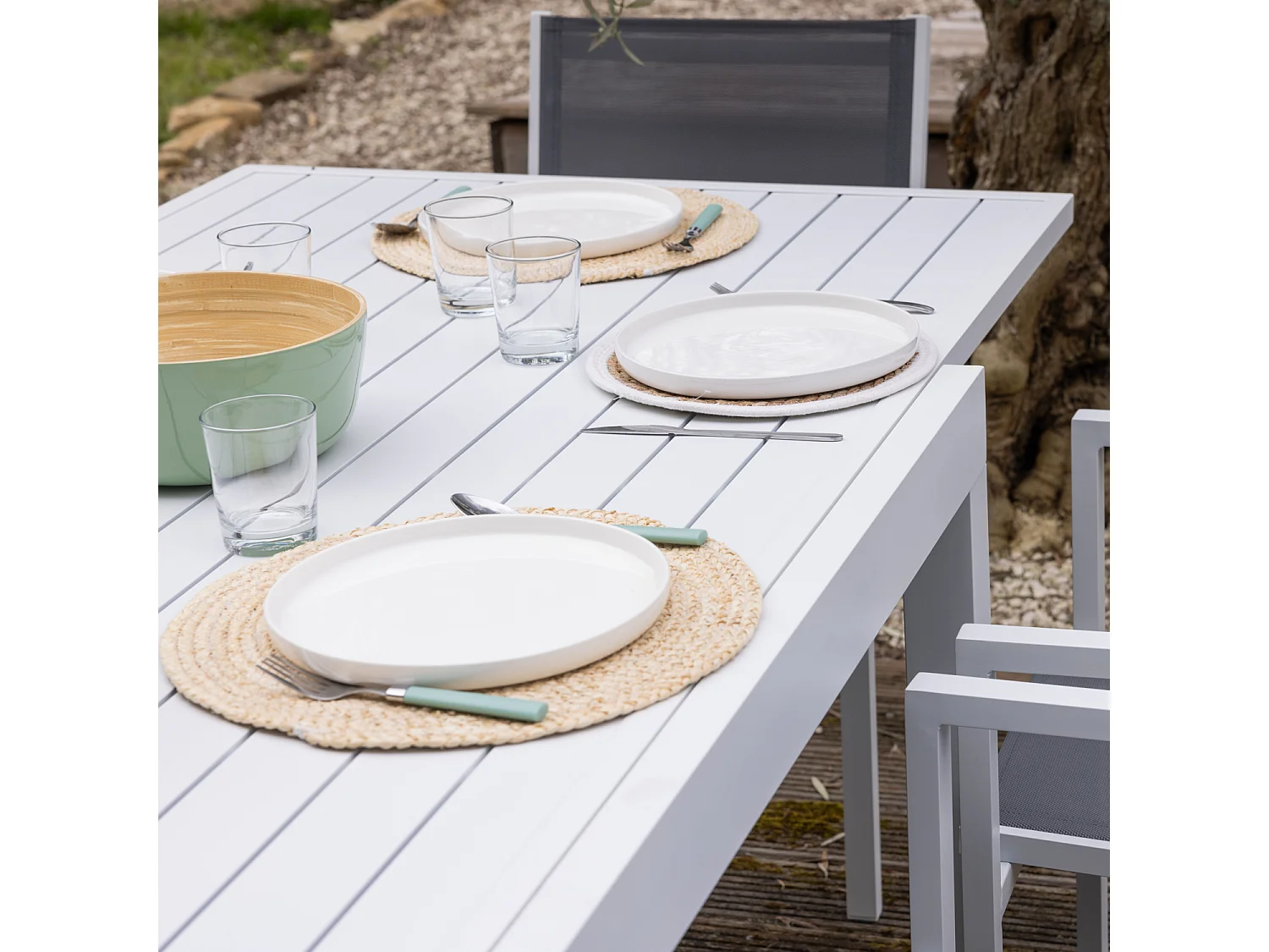 VENEZIA grijs textilene uittrekbare tuinset 180/300 - wit aluminium