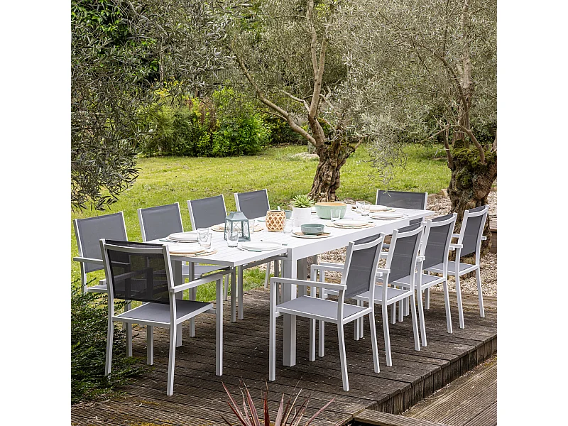 Conjunto de jardín extensible VENEZIA 180/300 en textileno gris 10 plazas aluminio blanco - HAPPY GARDEN