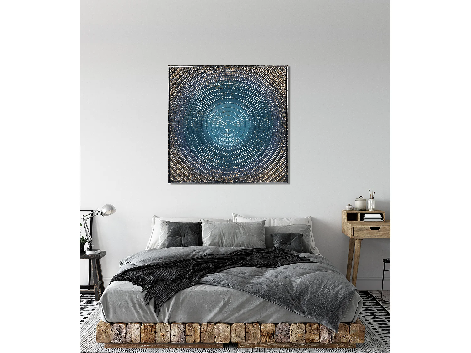 Plaque murale métal bleu et doré 99x4x99cm