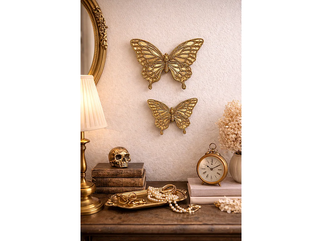 Lot de 2 déco murales papillons dorés 15x11.5/12.5x9cm