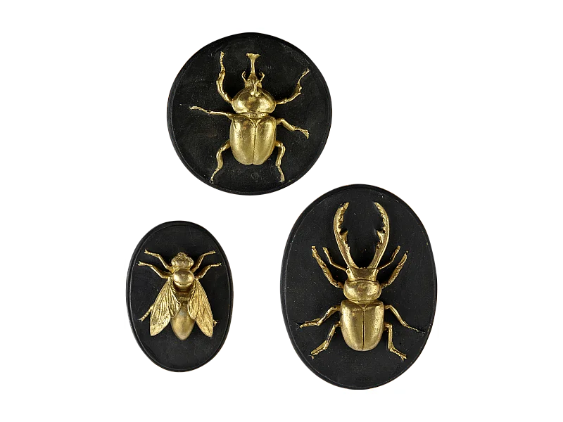 Lot de 3 déco murales abeille scarabée lucane noir et doré