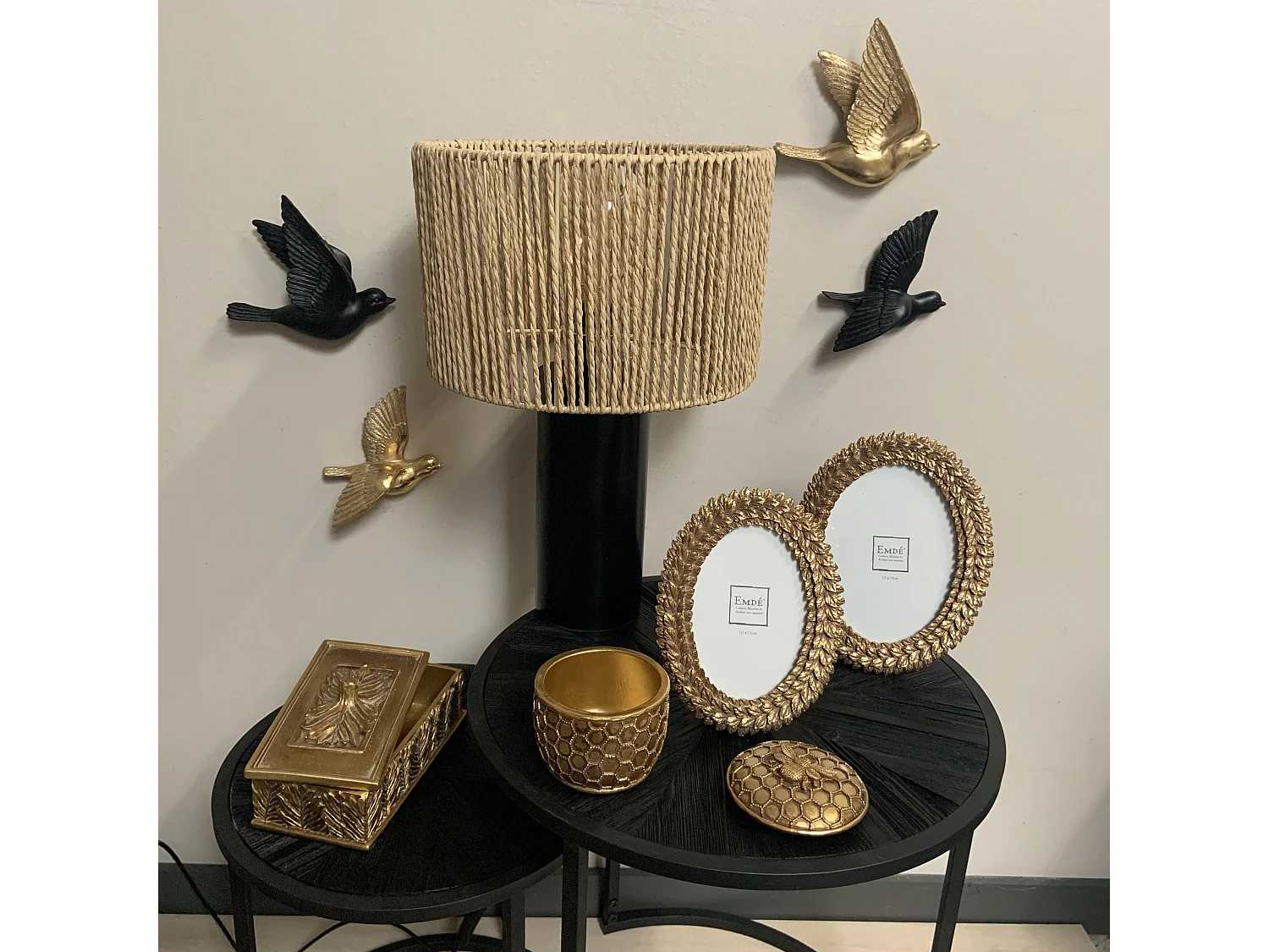 Lot de 2 déco murales oiseaux dorés 12,5x15cm