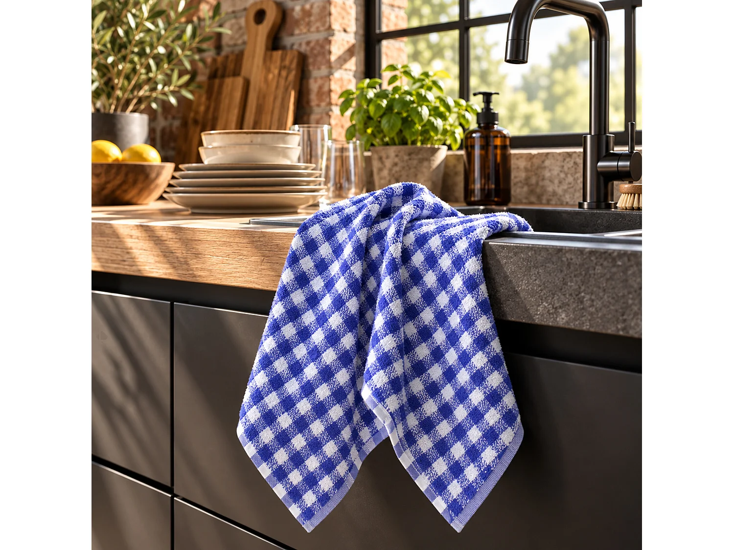 Lot de 2 torchons de cuisine éponge 50x50 cm SQUARES VICHY bleu Ultramar