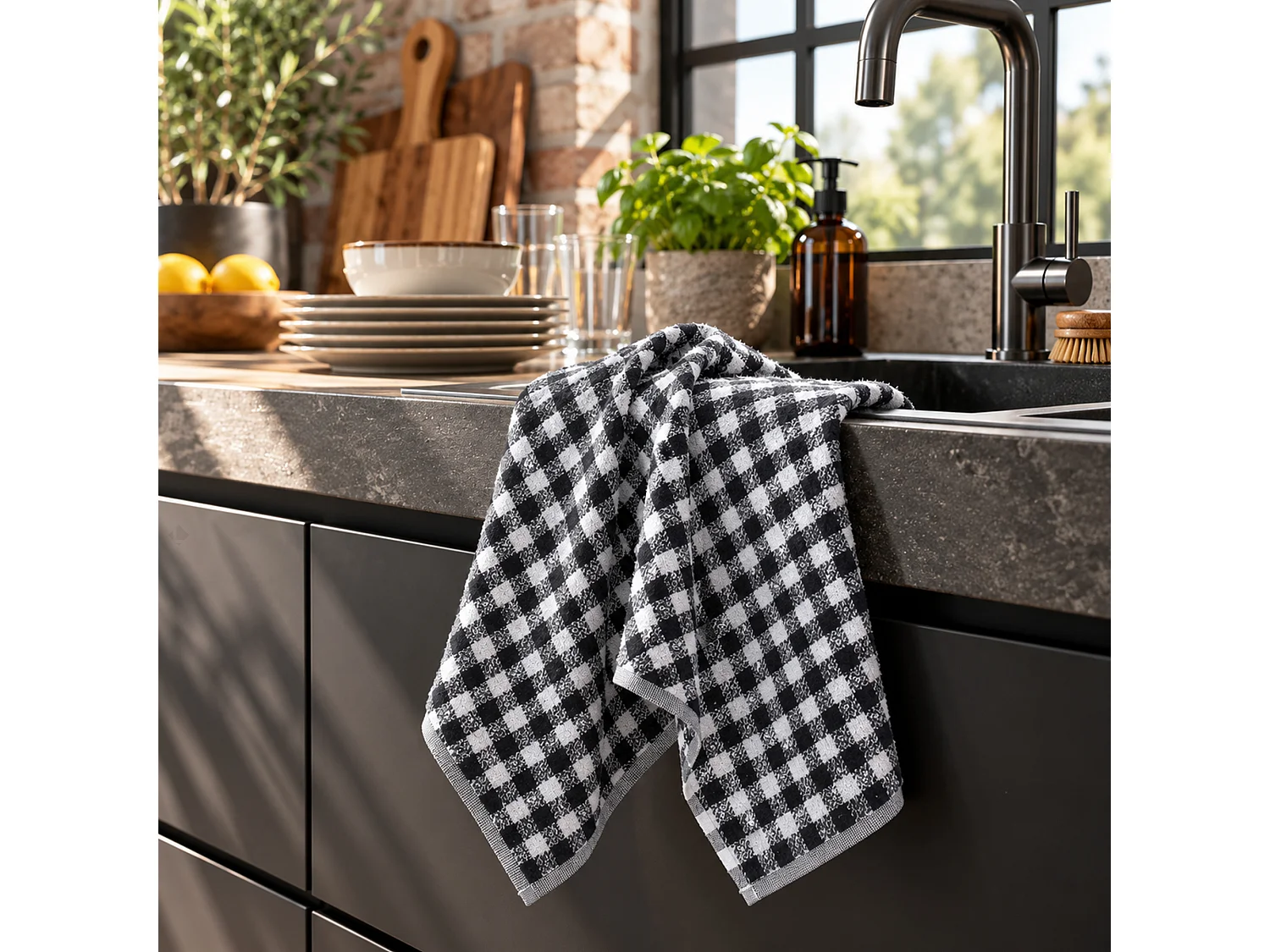 Lot de 2 torchons de cuisine éponge 50x50 cm SQUARES VICHY noir