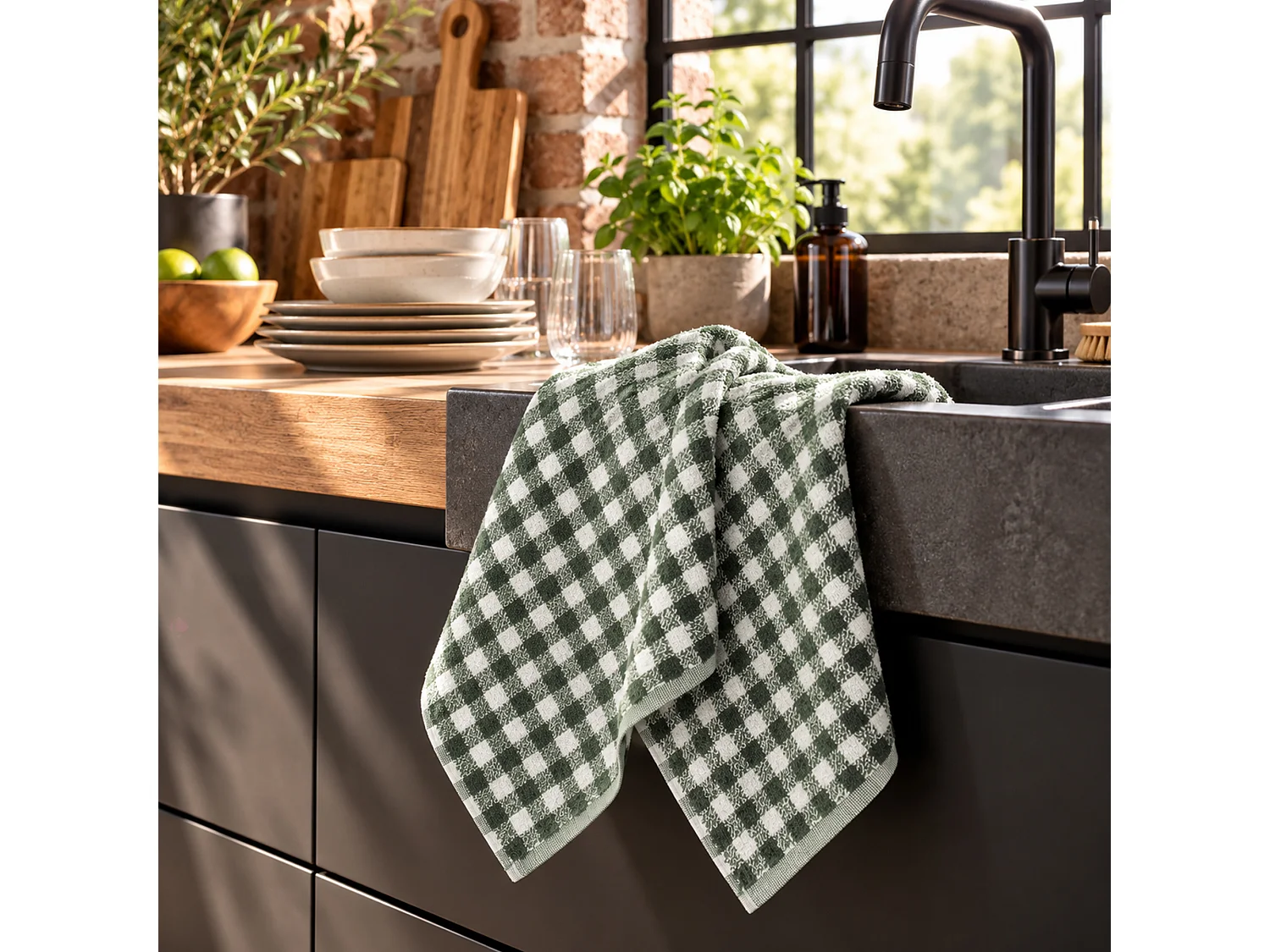 Lot de 2 torchons de cuisine éponge 50x50 cm SQUARES VICHY vert kaki
