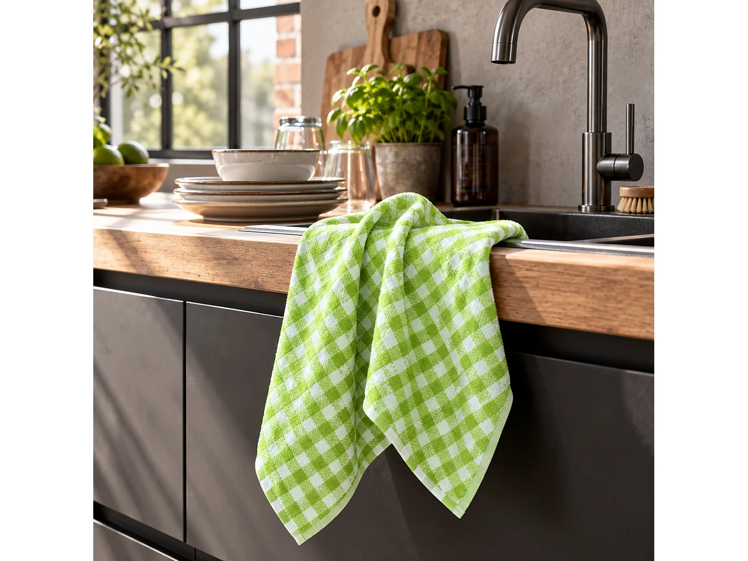 Lot de 2 torchons de cuisine éponge 50x50 cm SQUARES VICHY vert pistache