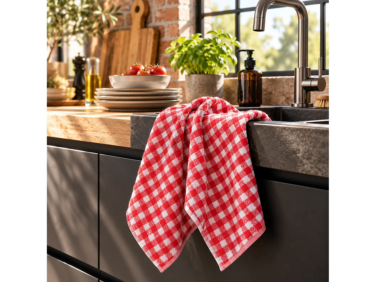Lot de 2 torchons de cuisine éponge 50x50 cm SQUARES VICHY rouge