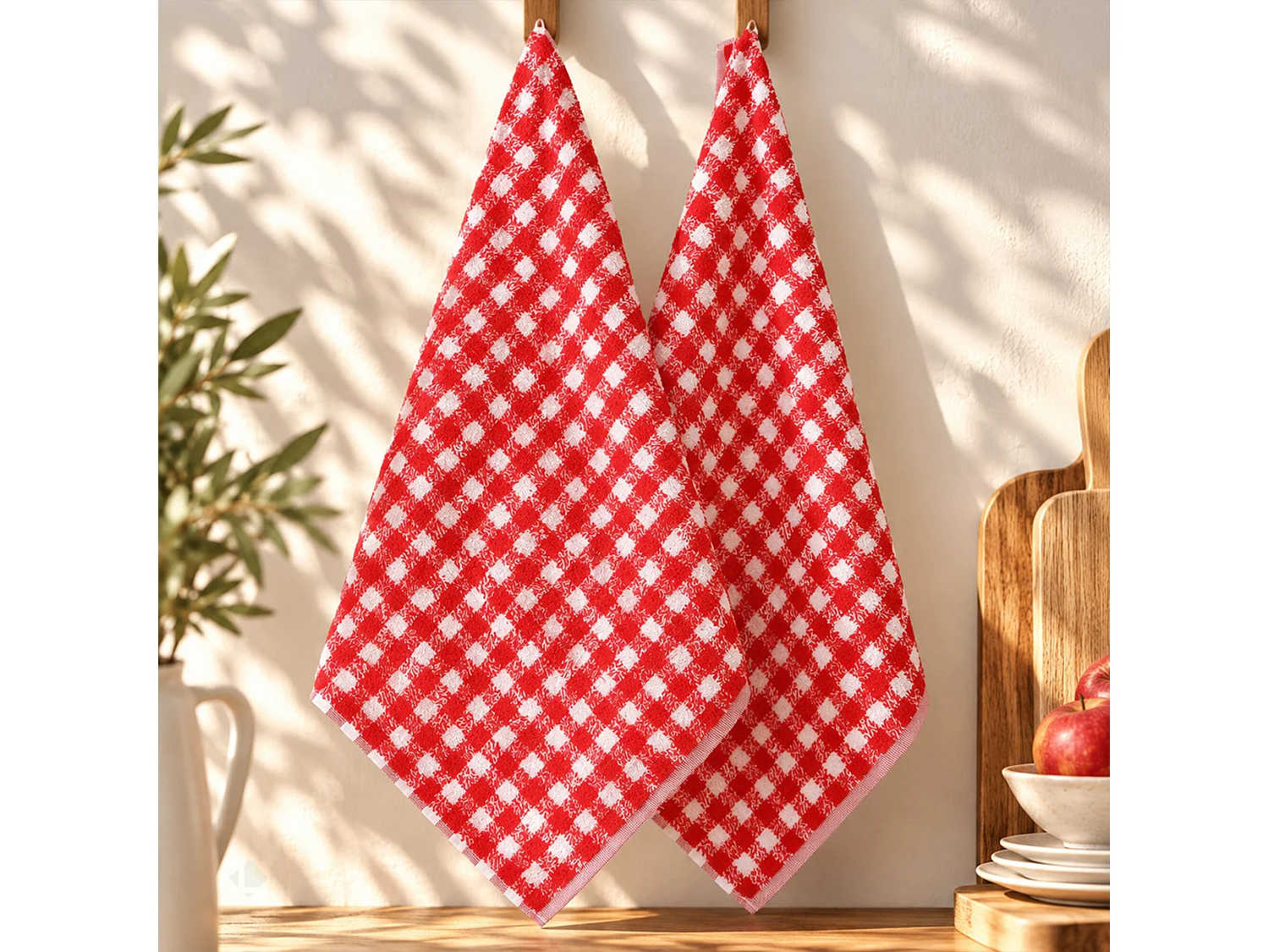 Lot de 2 torchons de cuisine éponge 50x50 cm SQUARES VICHY rouge