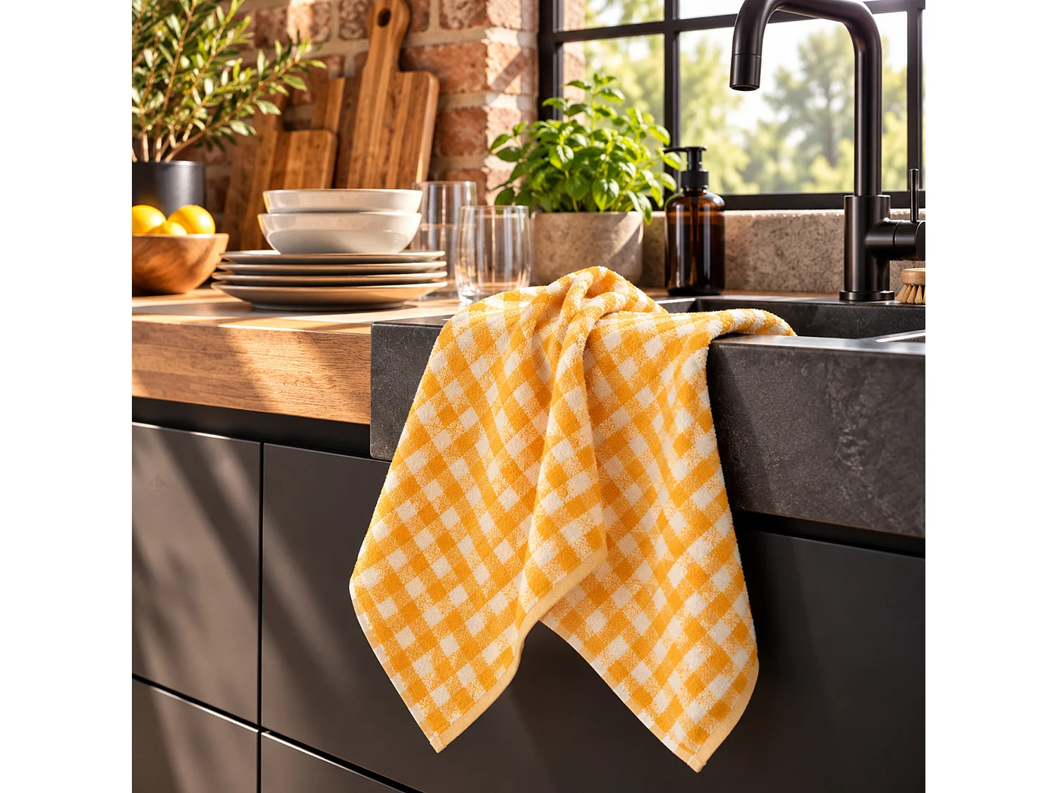 Lot de 2 torchons de cuisine éponge 50x50 cm SQUARES VICHY jaune