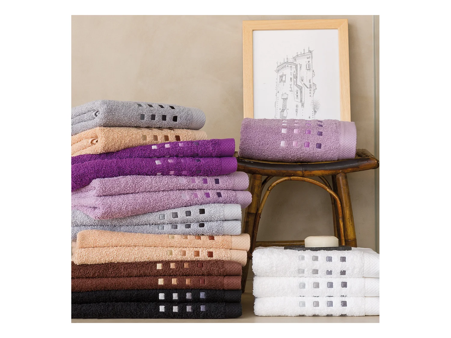 Parure de bain 6 pièces PURE SQUARES Blanc 550 g/m2