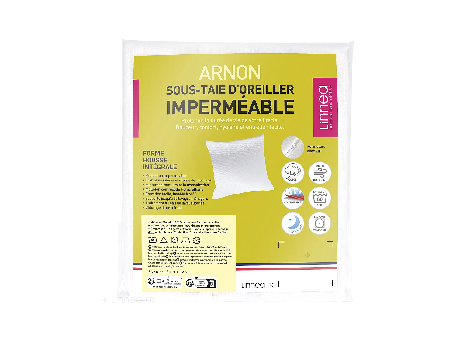 Housse de protection d'oreiller imperméable 60x60 cm avec zip ARNON molleton coton contrecollé polyuréthane