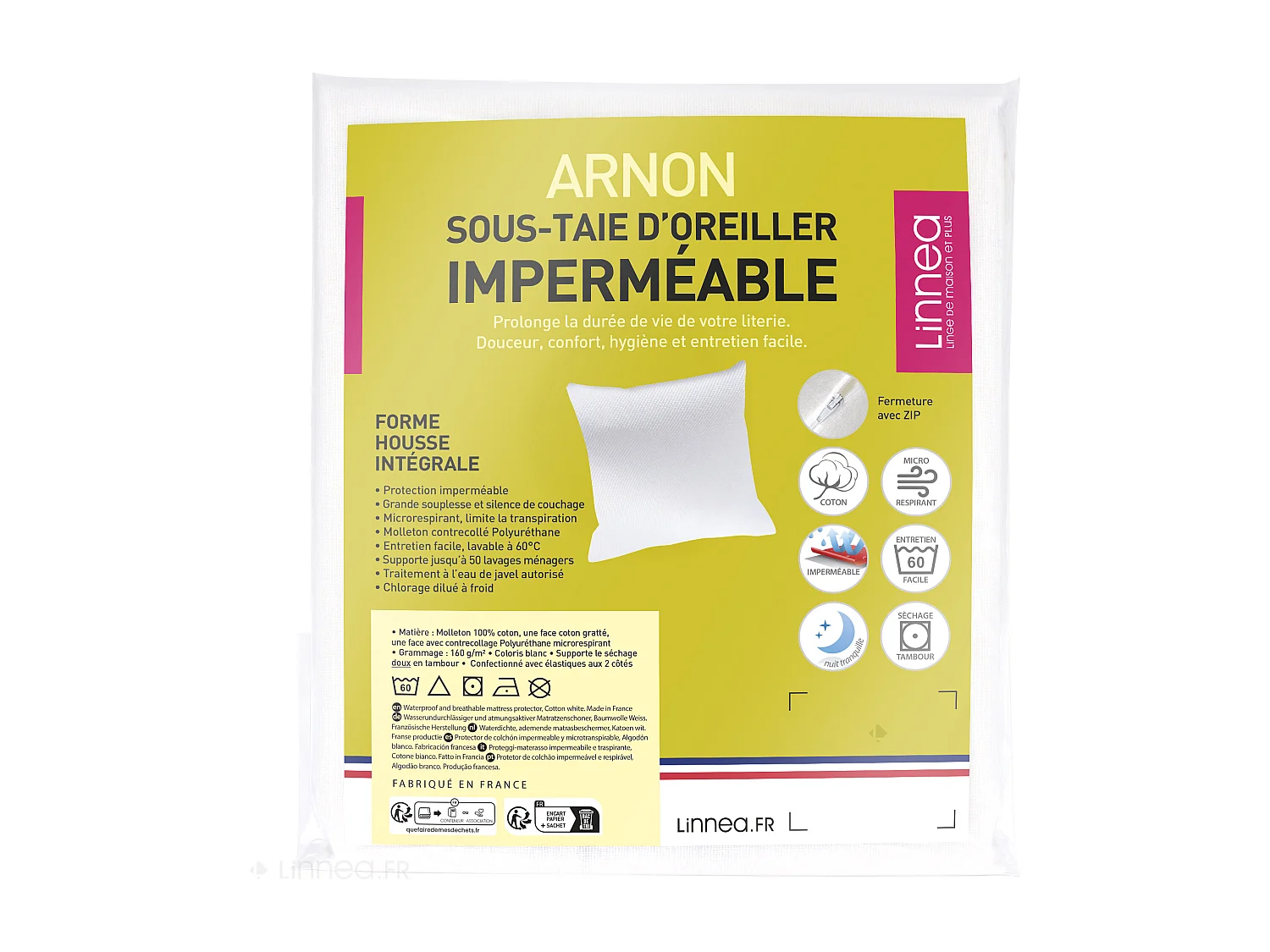 Housse de protection d'oreiller imperméable 65x65 cm avec zip ARNON molleton coton contrecollé polyuréthane