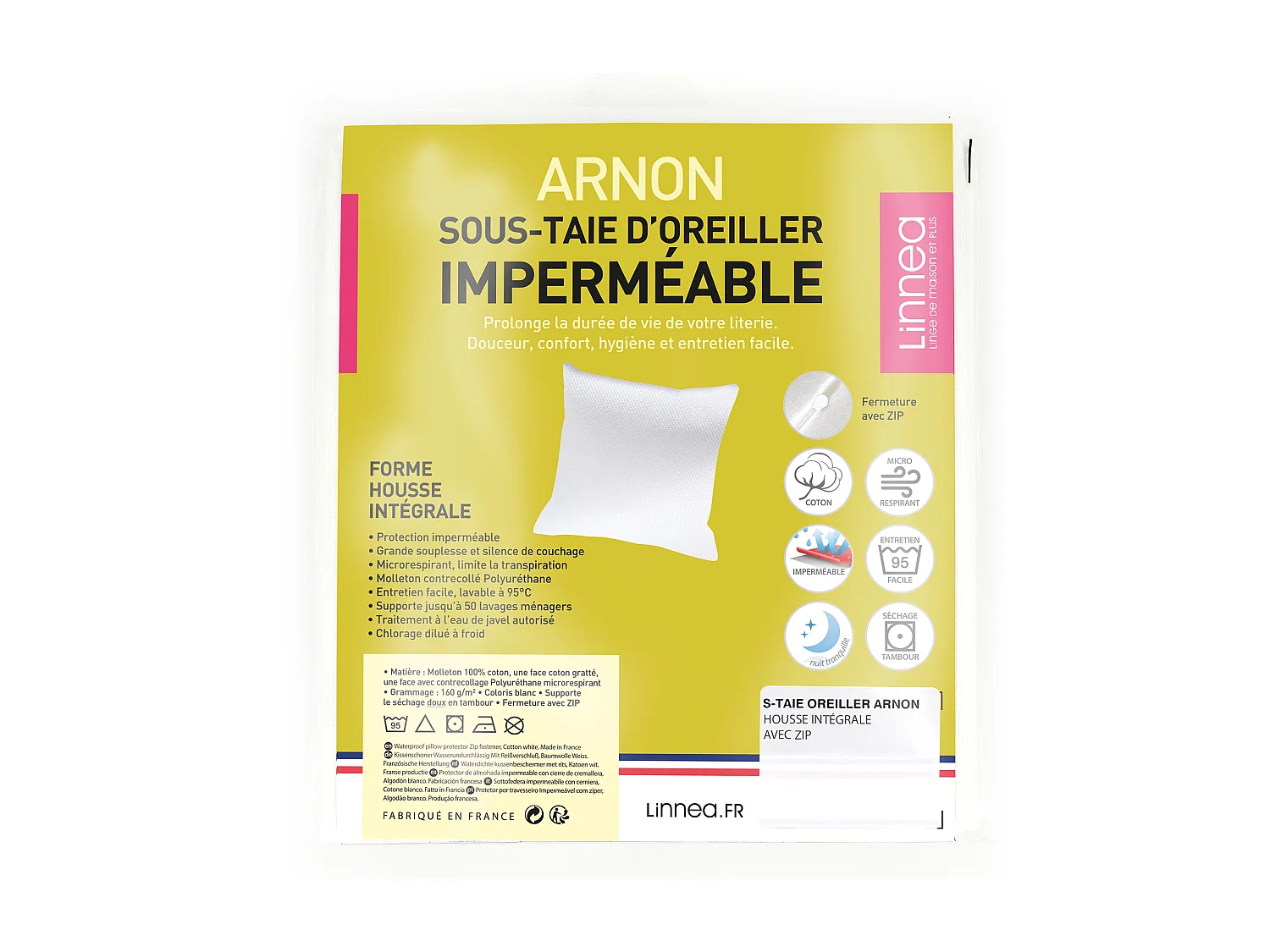 Housse de protection d'oreiller imperméable ARNON 80x100 cm avec zip molleton contrecollé polyuréthane