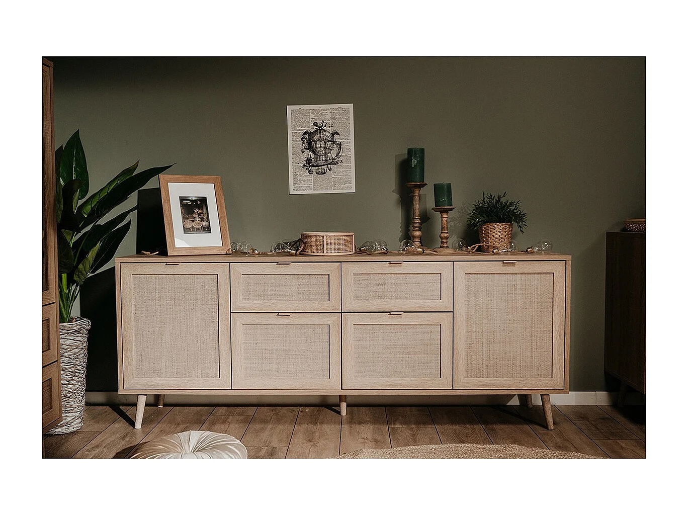 Credenza a 4 ante 2 cassetti L180 cm - Stampa effetto rattan