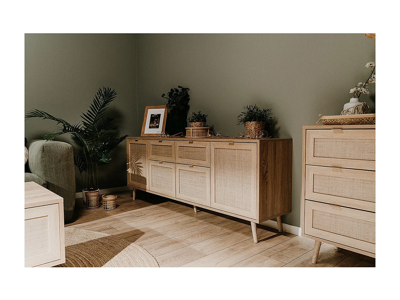 Credenza a 4 ante 2 cassetti L180 cm - Stampa effetto rattan