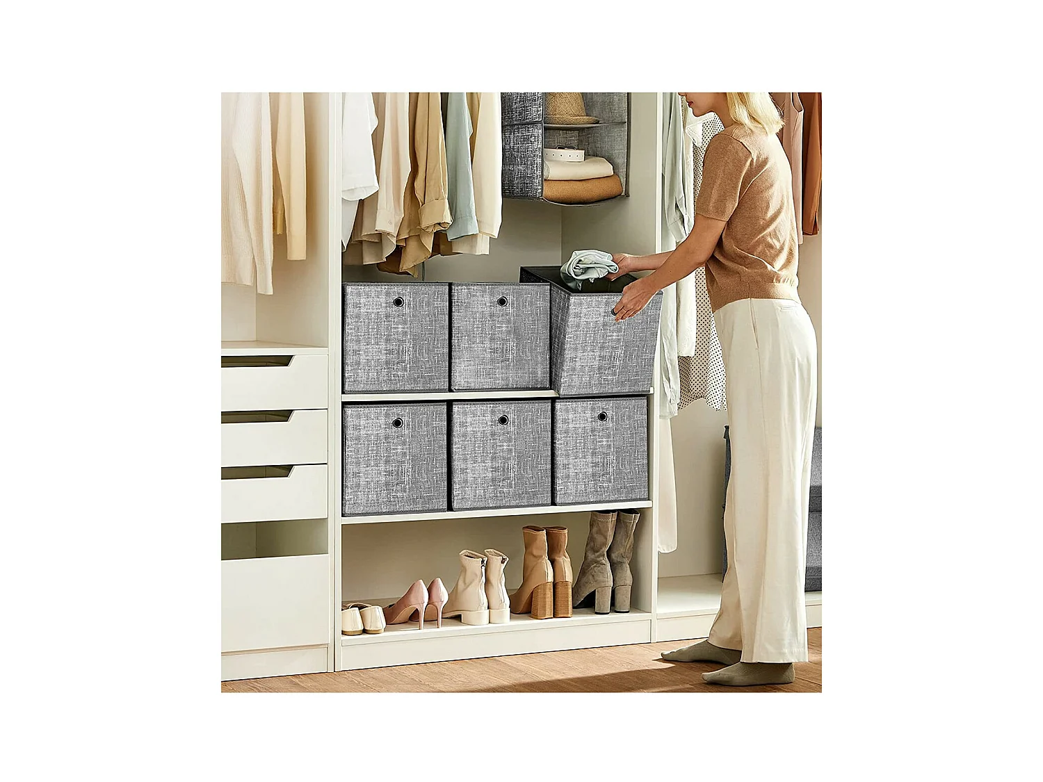 Set von 6 faltbaren grauen Stoff-Aufbewahrungswürfeln - 30x30x30 cm