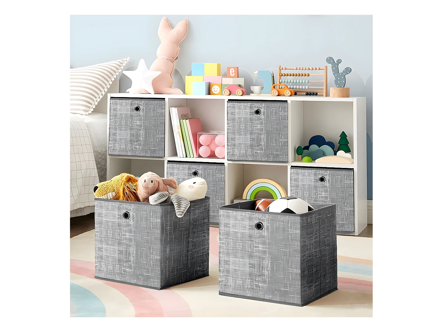 Set von 6 faltbaren grauen Stoff-Aufbewahrungswürfeln - 30x30x30 cm