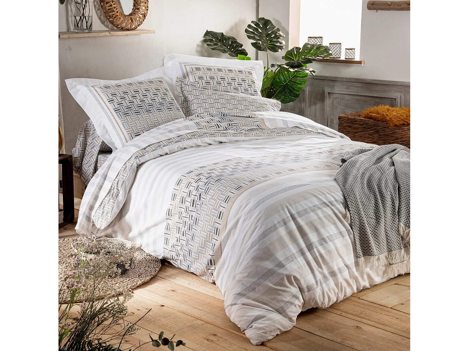 Drap housse imprimé 90x190 cm coton DIEGO Gris Bonnet 30 cm