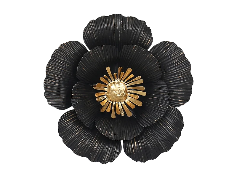 Déco murale métal fleur noir doré 25cm