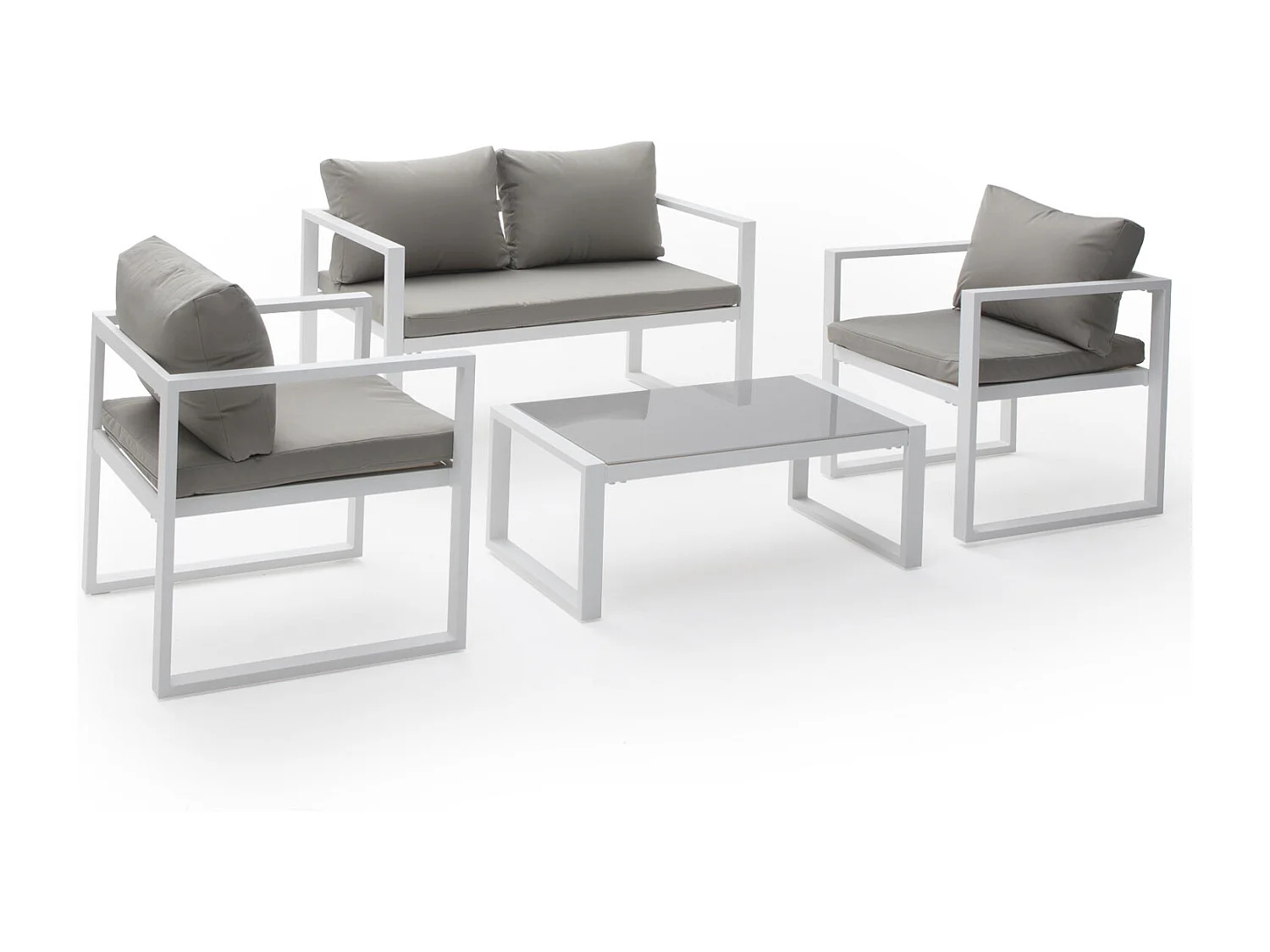 Salon de jardin IBIZA en tissu gris 4 places - aluminium blanc