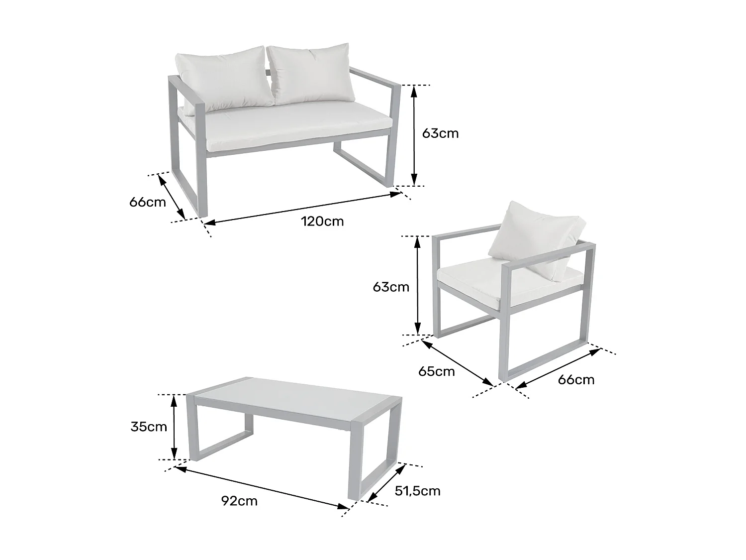 IBIZA tuinset in grijze stof 4 zitplaatsen - wit aluminium