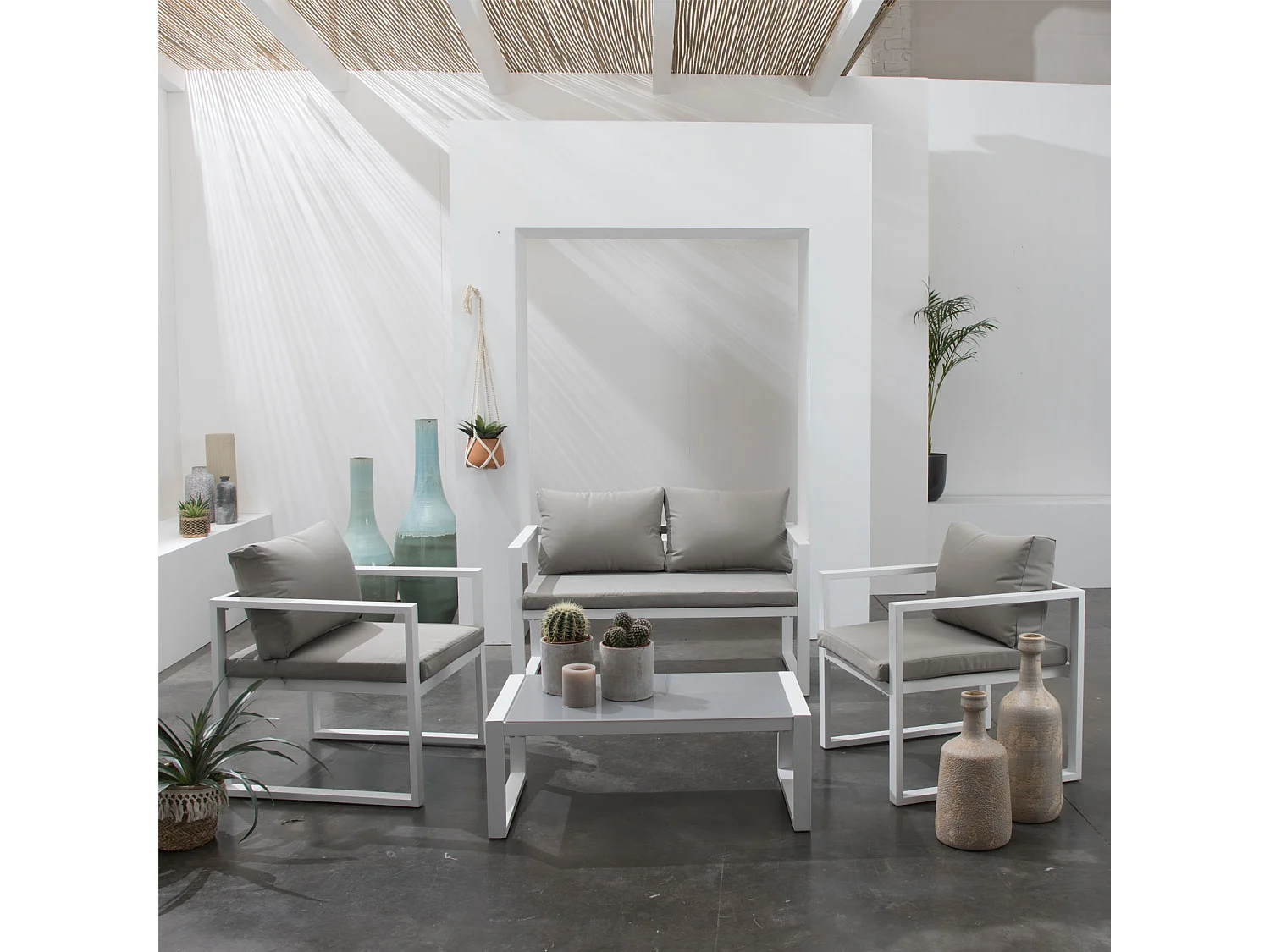 IBIZA tuinset in grijze stof 4 zitplaatsen - wit aluminium
