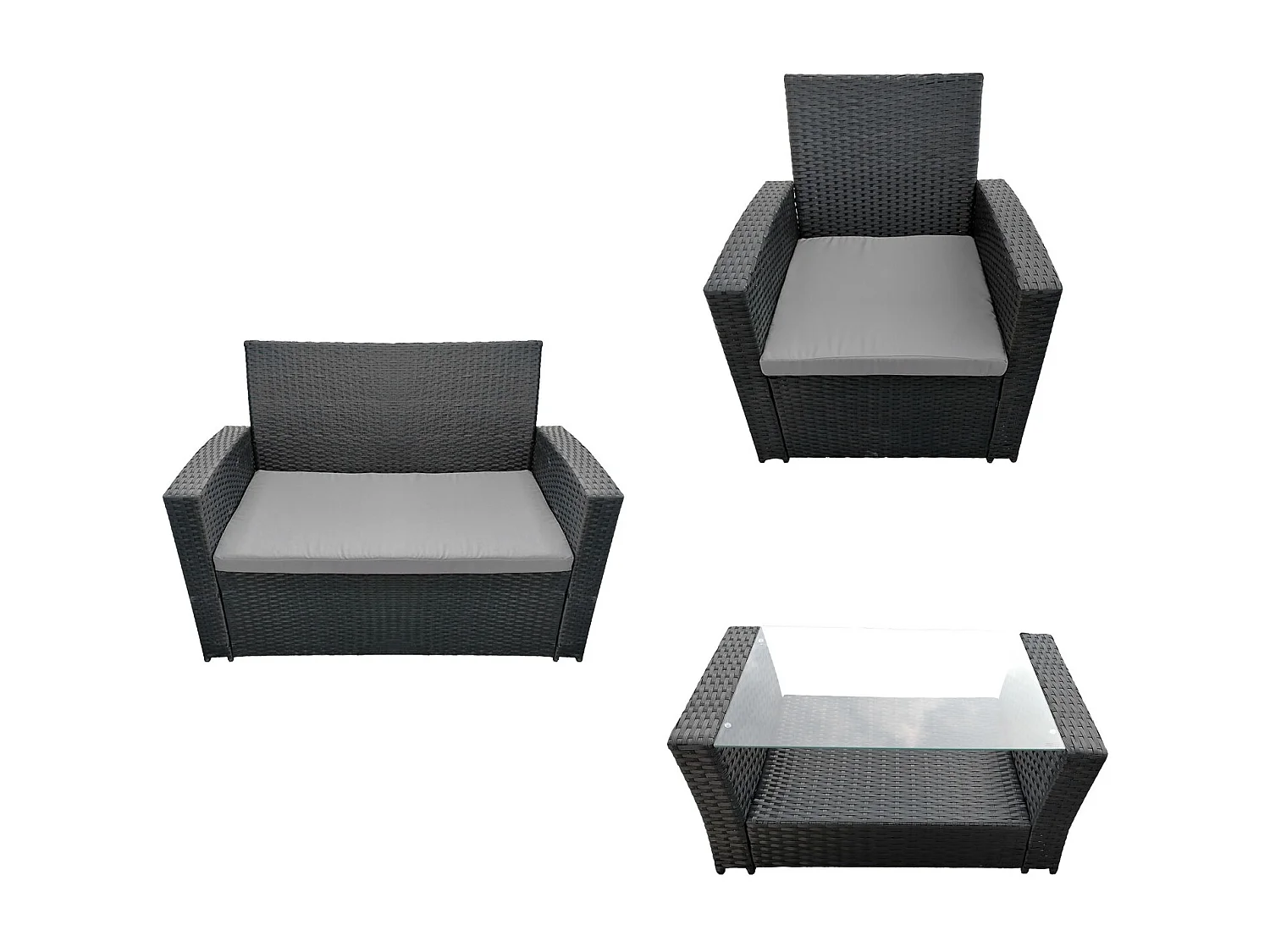 COMINO tuinmeubelset in zwart gevlochten kunststof 4 zitplaatsen - grijze kussens