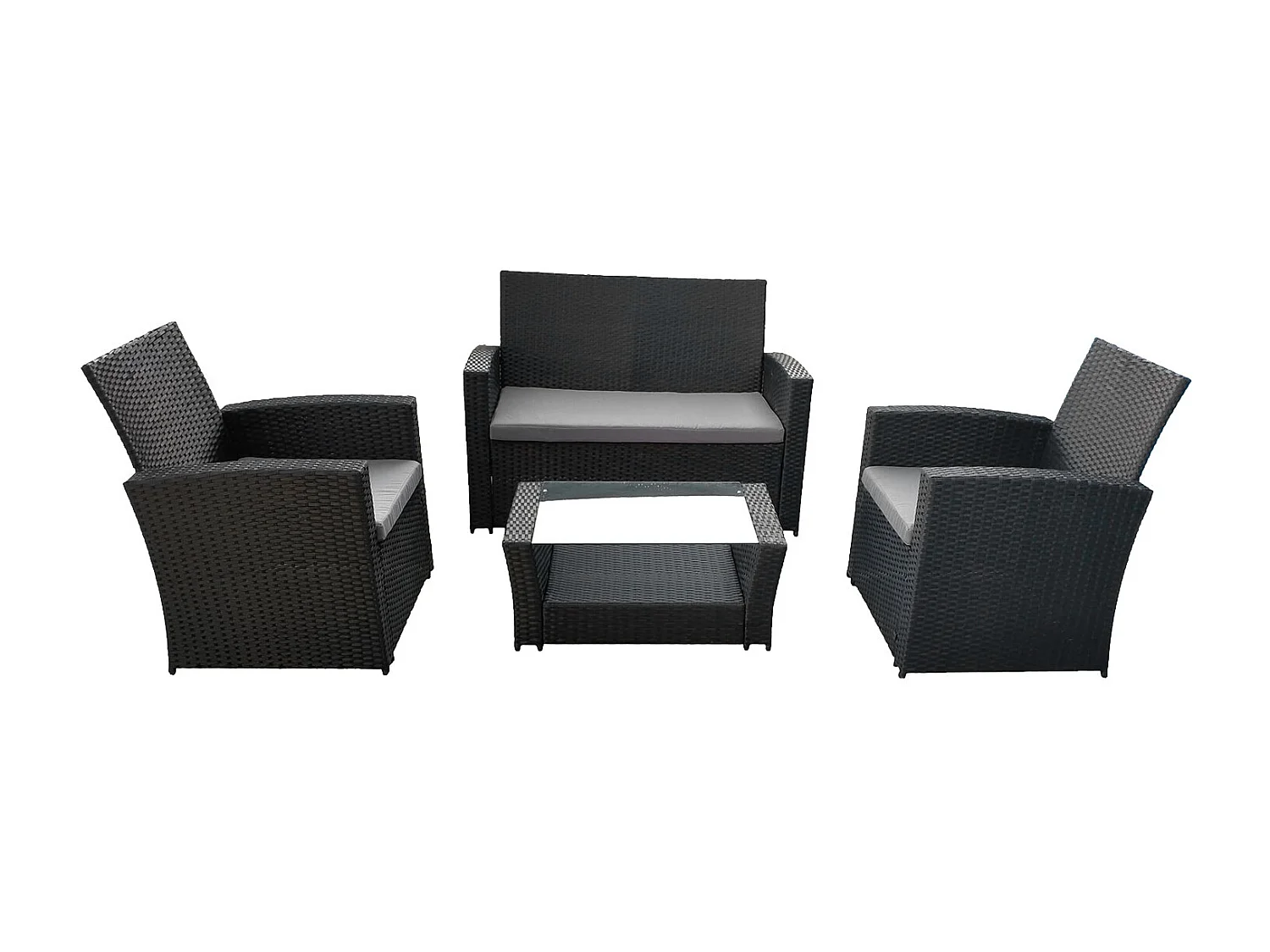 Set di mobili da giardino COMINO in resina intrecciata nera 4 posti - cuscini grigi - HAPPY GARDEN