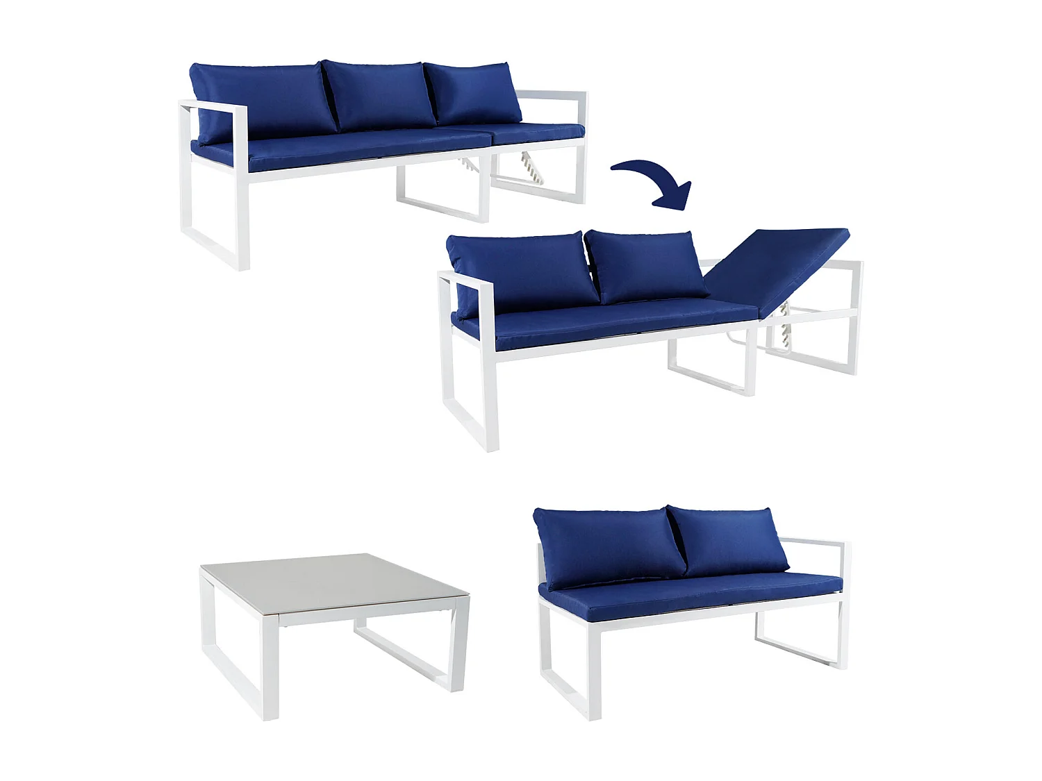 Salon de jardin modulable IBIZA en tissu bleu 4 places - aluminium blanc