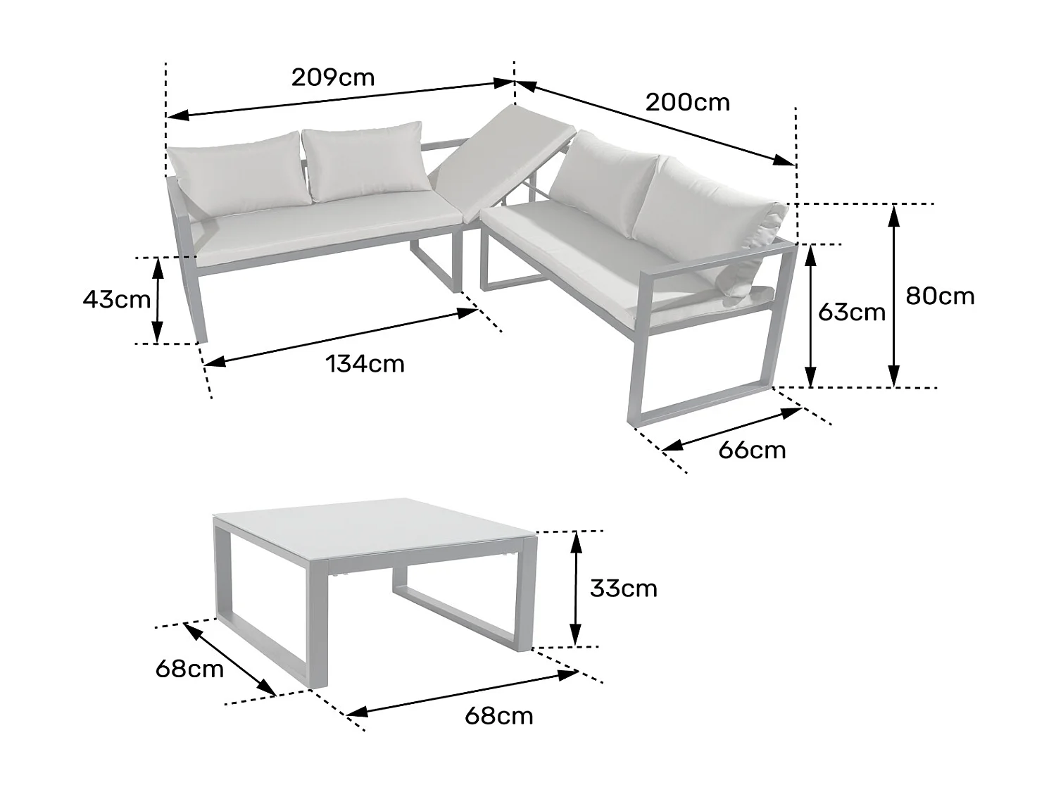 Salon de jardin modulable IBIZA en tissu bleu 4 places - aluminium blanc